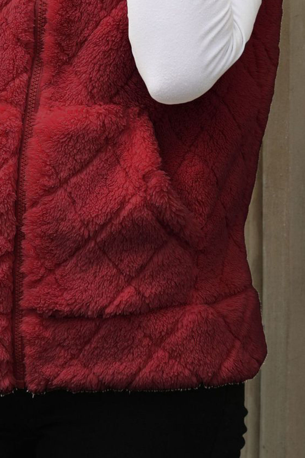 Fuzzy Plaid Texture Zip Up Vest Coat - Charming Charlie