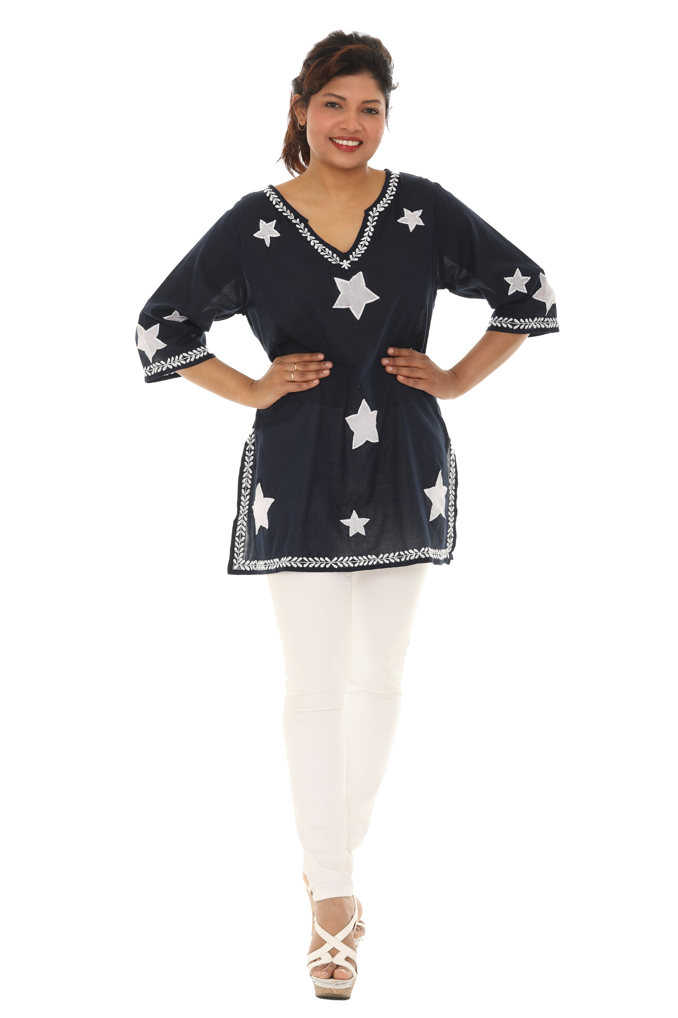 Sheer-Embroidery-Detailing V-Neck Tunic - Shoreline Wear, Inc.