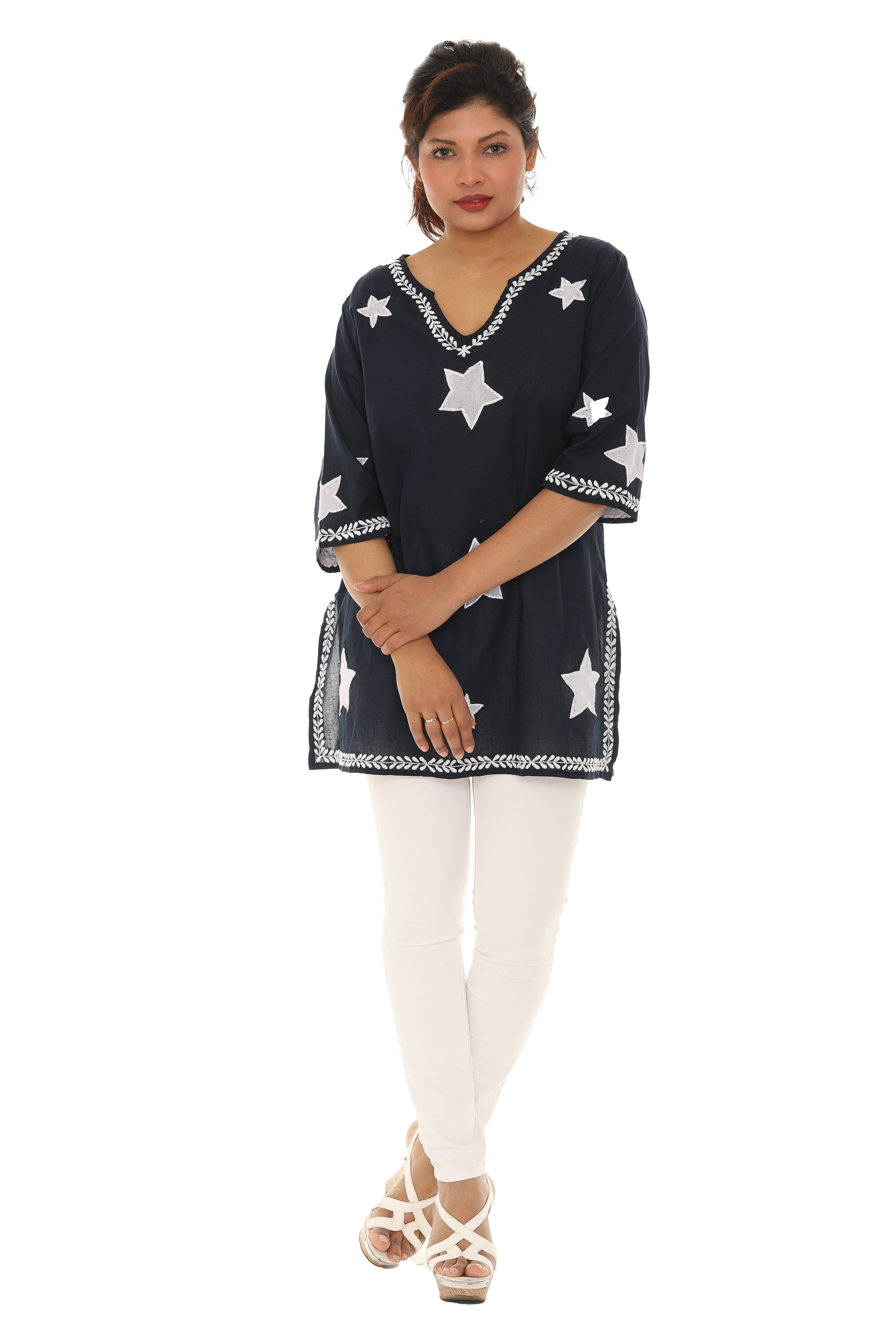 Sheer-Embroidery-Detailing V-Neck Tunic - Shoreline Wear, Inc.