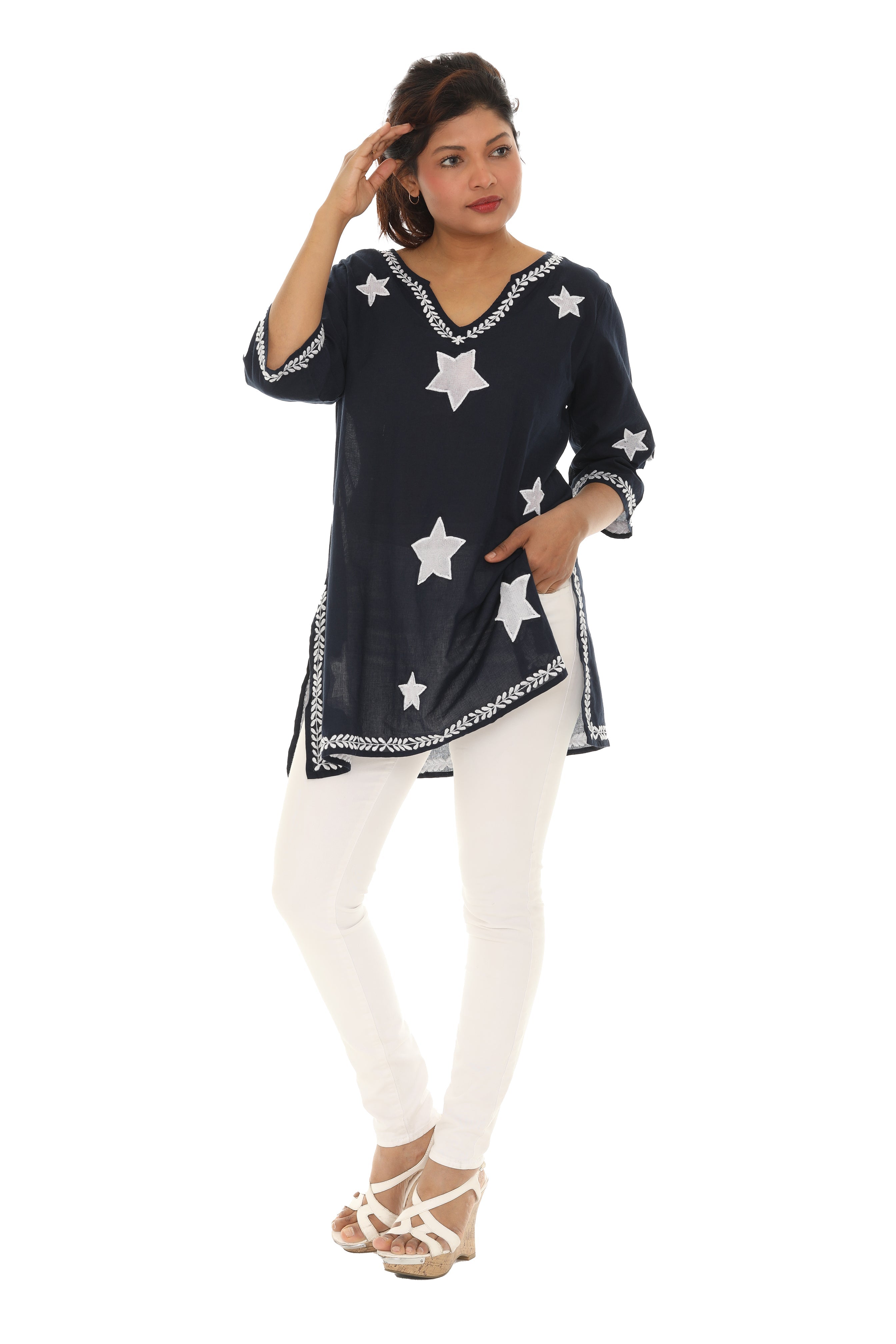 Sheer-Embroidery-Detailing V-Neck Tunic - Shoreline Wear, Inc.