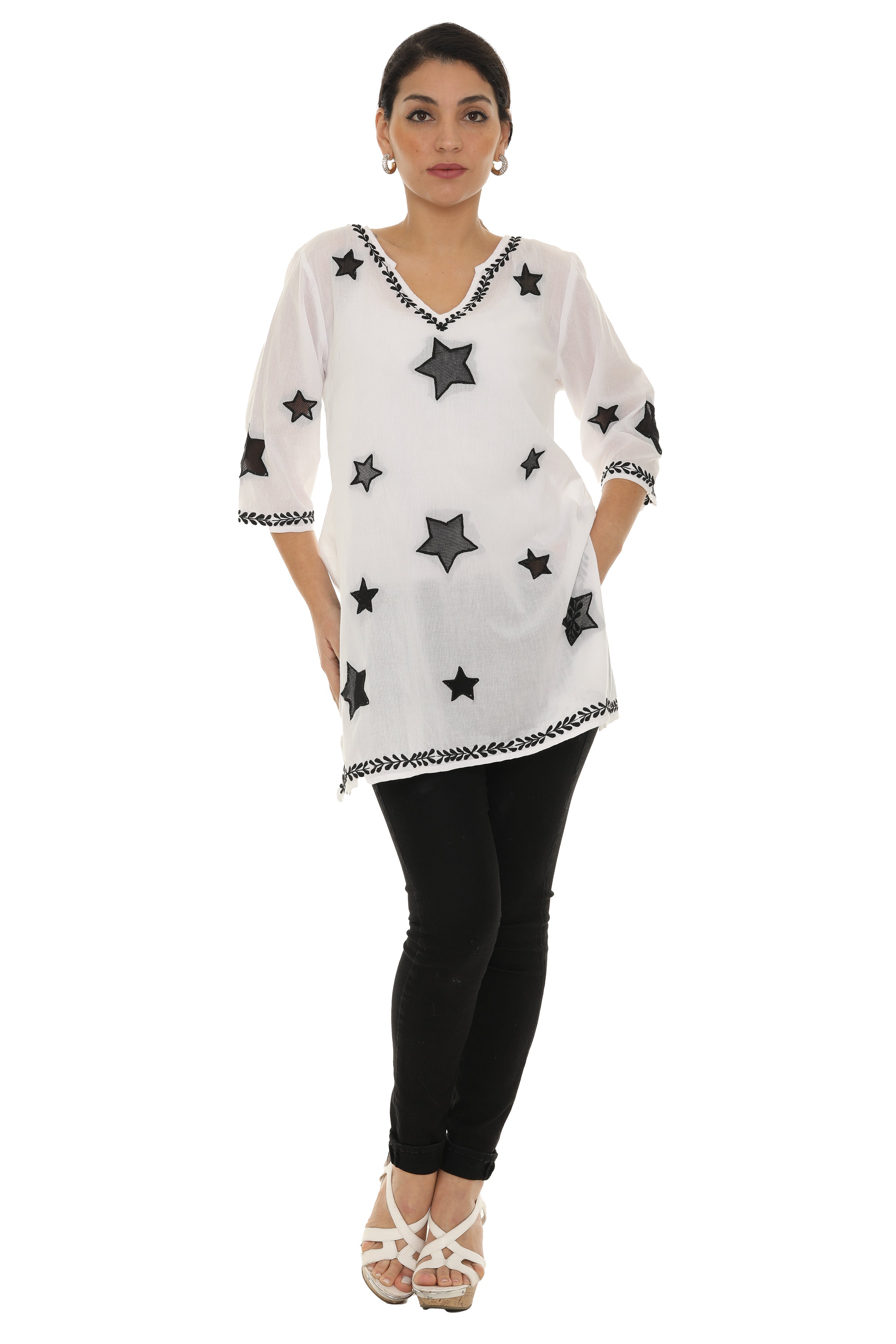 Sheer-Embroidery-Detailing V-Neck Tunic - Shoreline Wear, Inc.