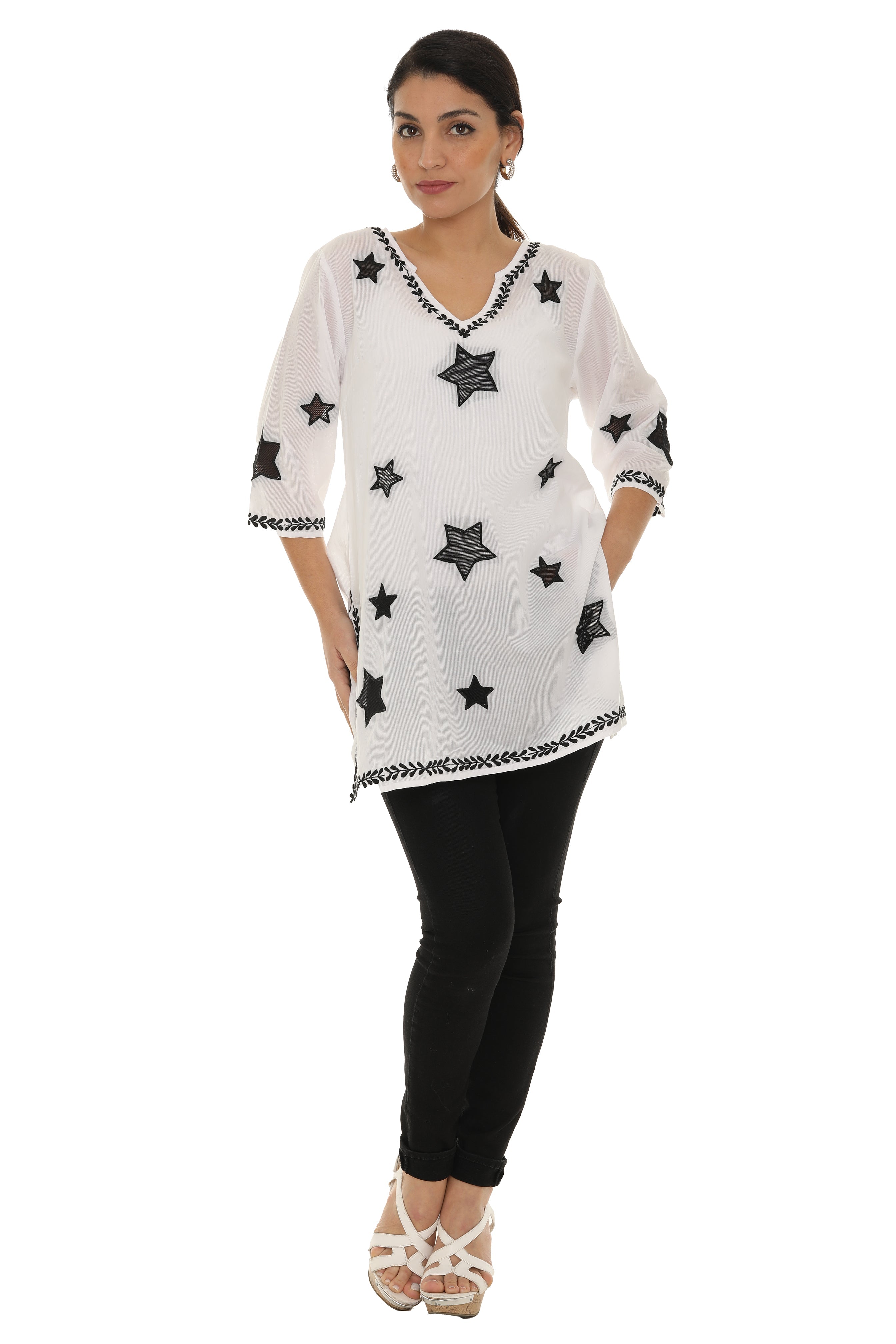 Sheer-Embroidery-Detailing V-Neck Tunic - Shoreline Wear, Inc.