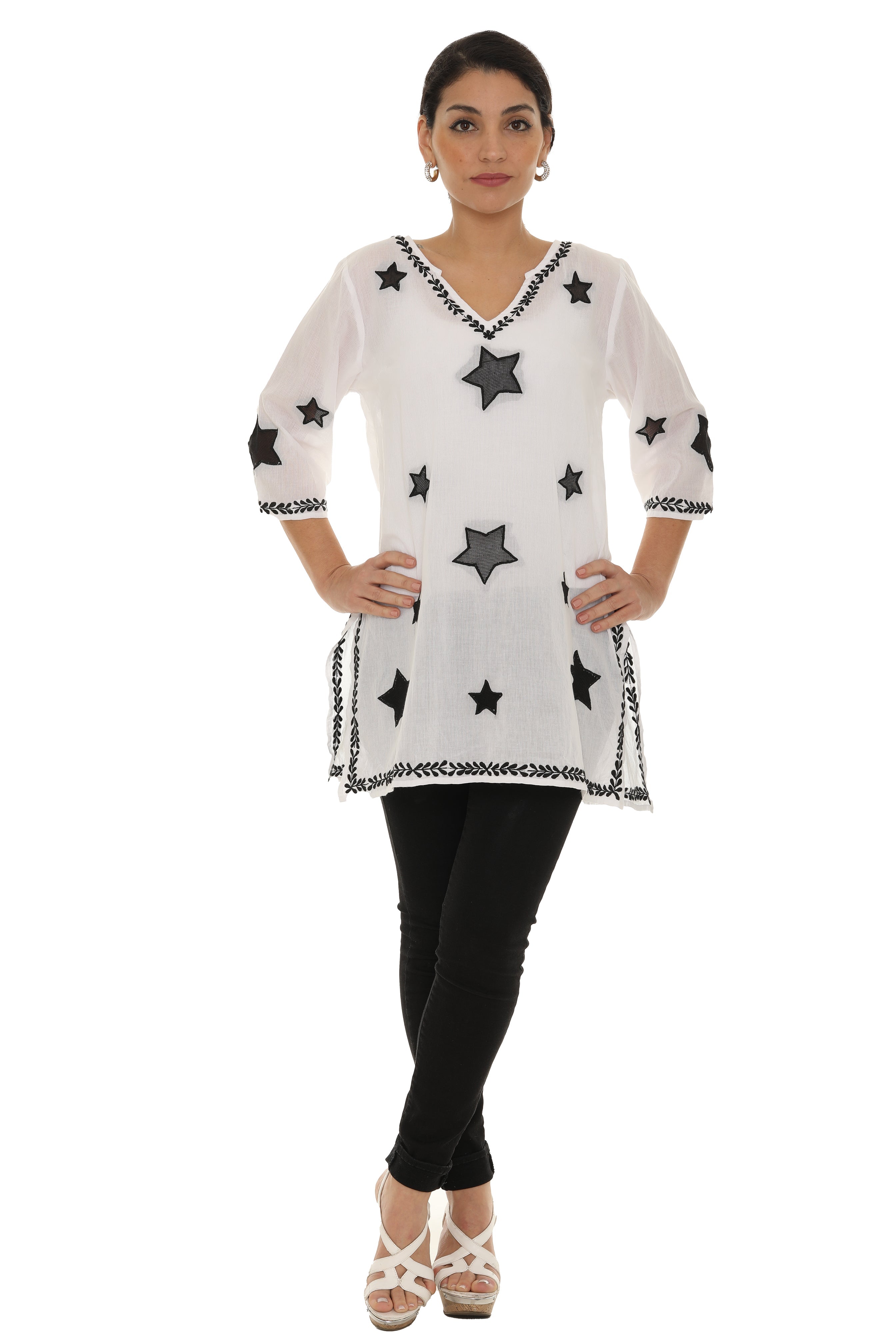 Sheer-Embroidery-Detailing V-Neck Tunic - Shoreline Wear, Inc.