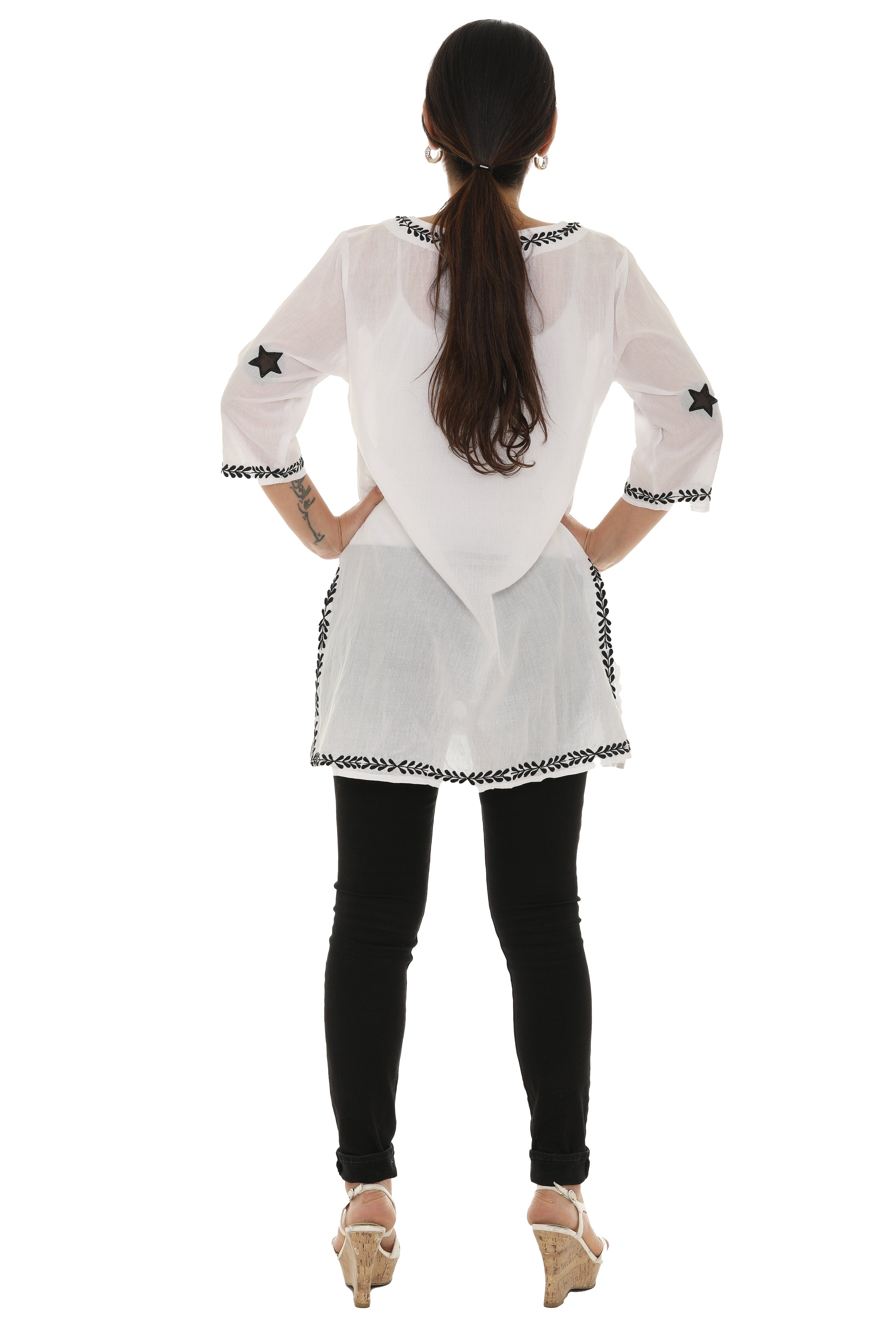 Sheer-Embroidery-Detailing V-Neck Tunic - Shoreline Wear, Inc.