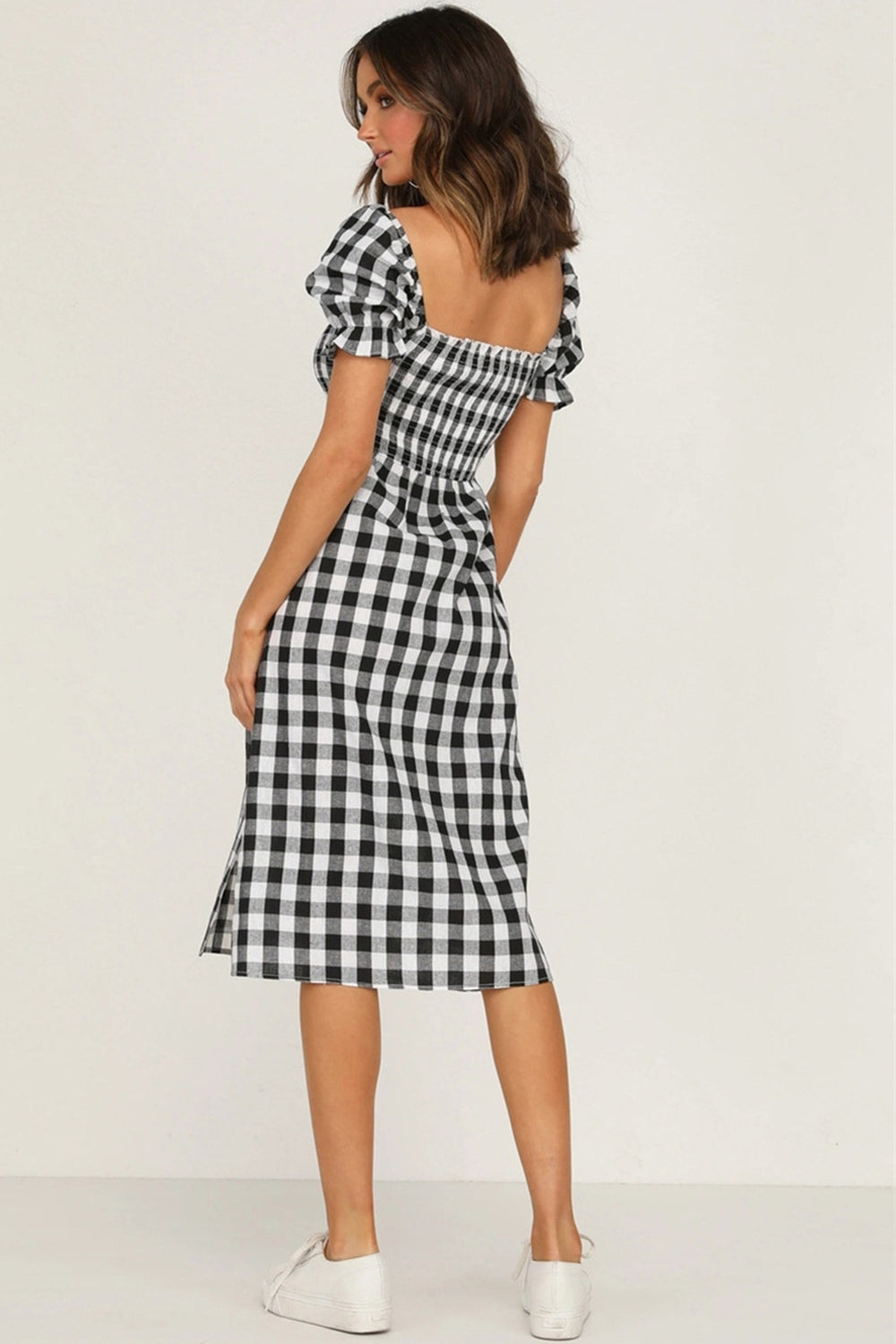 Full Size Slit Plaid Short Sleeve Midi Dress - Charming Charlie