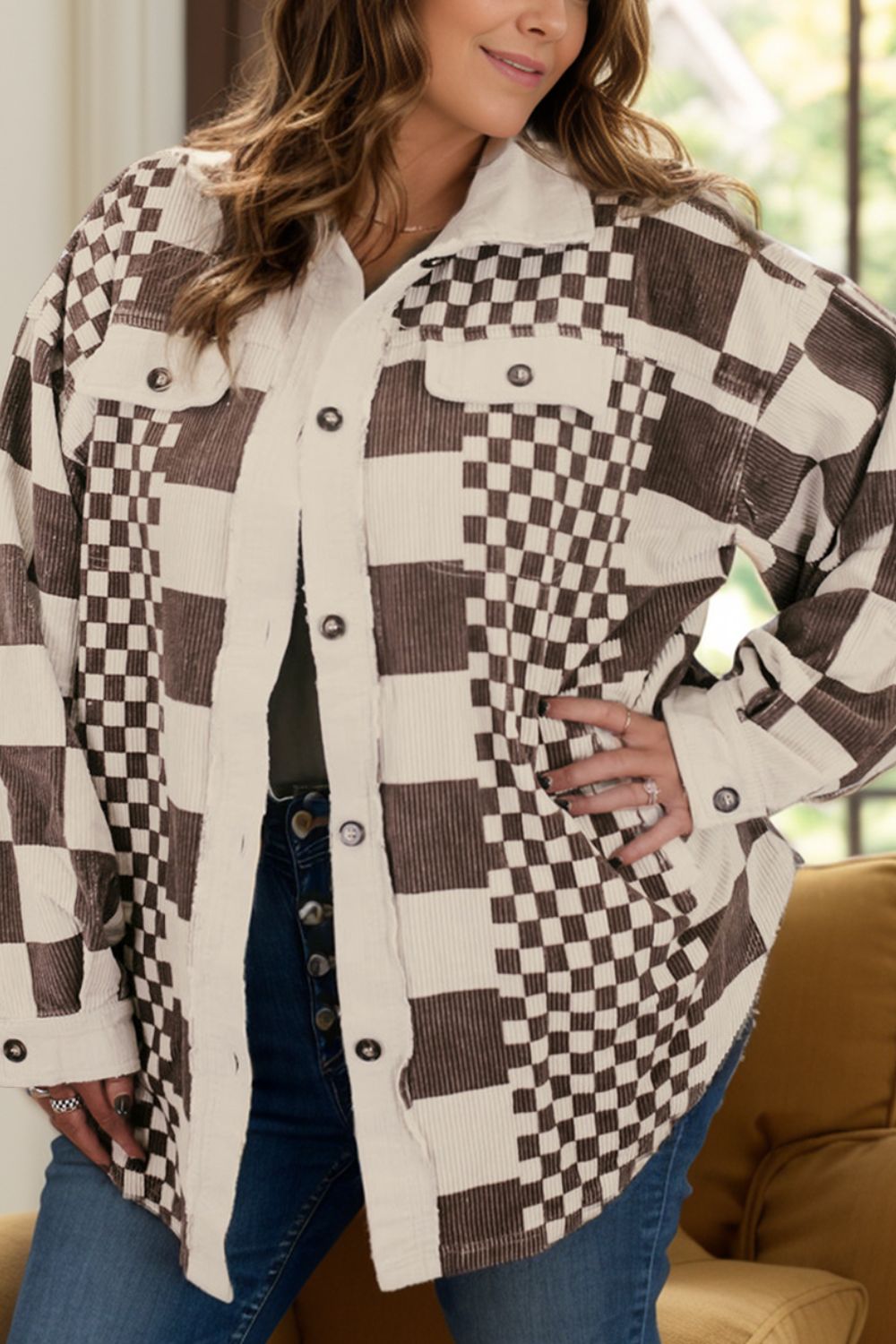 Plus Size Checkered Button Up Long Sleeve Jacket - Charming Charlie