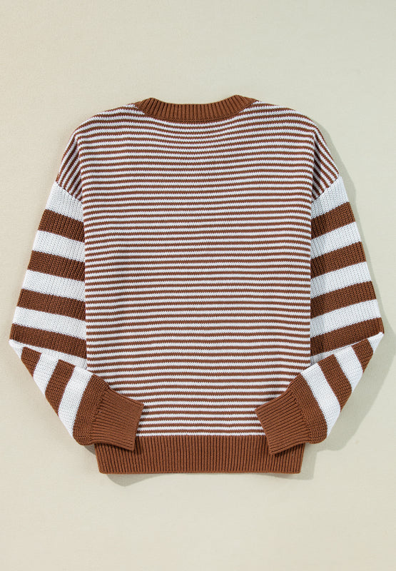 Striped Round Neck Dropped Shoulder Sweater - Charming Charlie