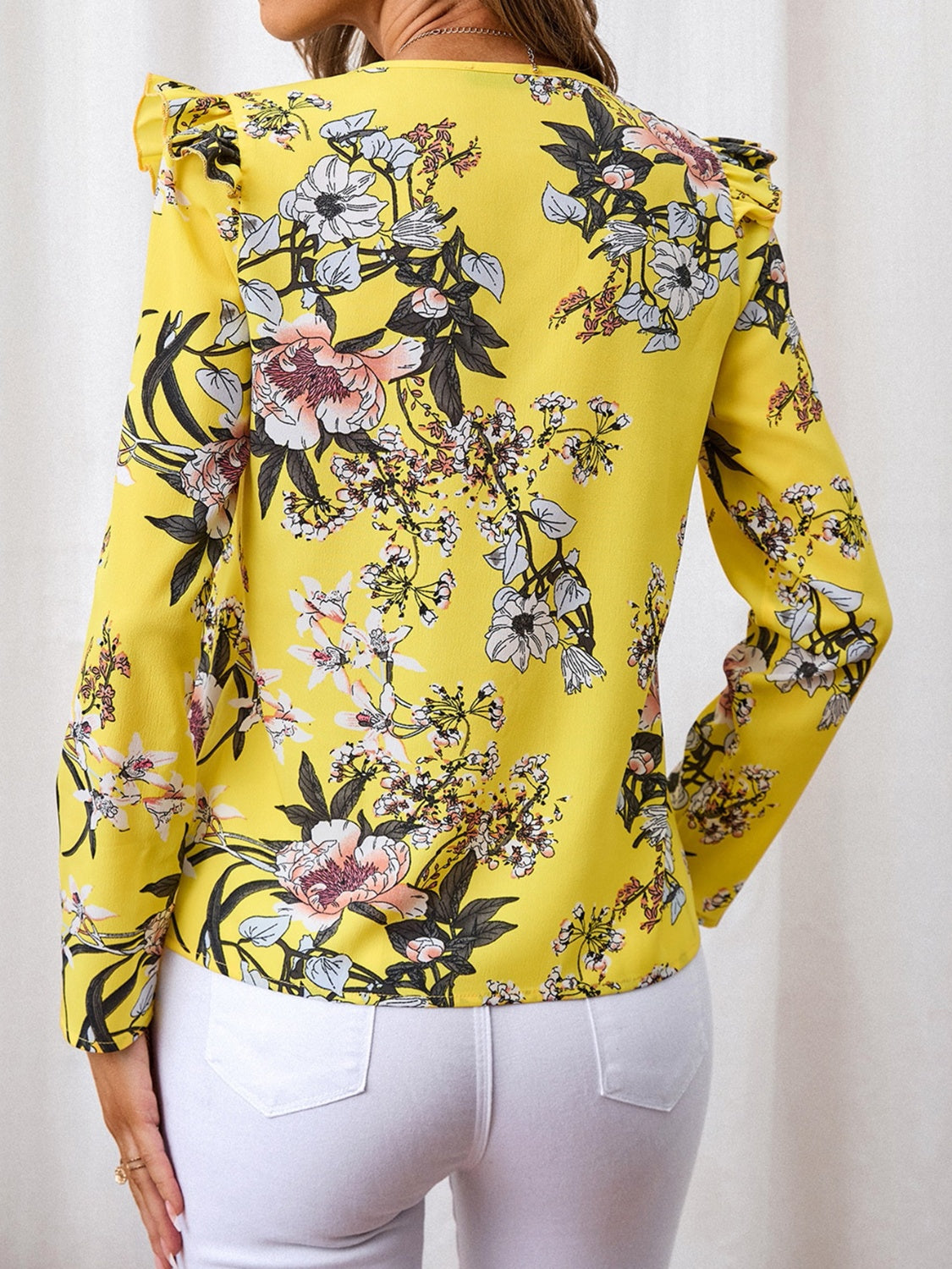 Ruffled Printed V-Neck Long Sleeve Blouse - Charming Charlie