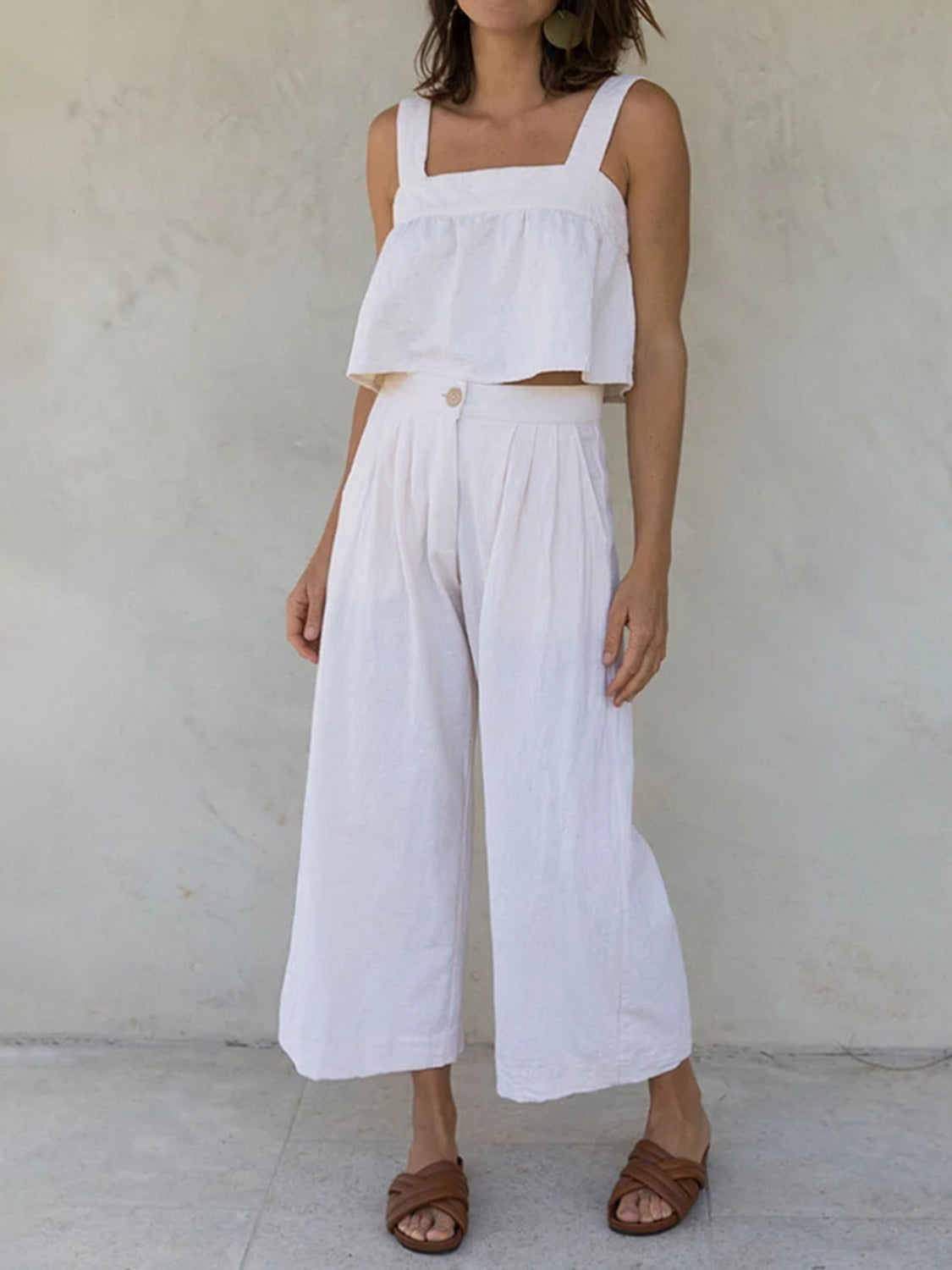 Square Neck Wide Strap Top and Pants Set - Charming Charlie
