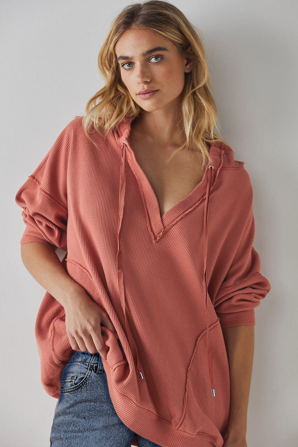 Exposed Seam Drawstring Long Sleeve Hoodie - Charming Charlie