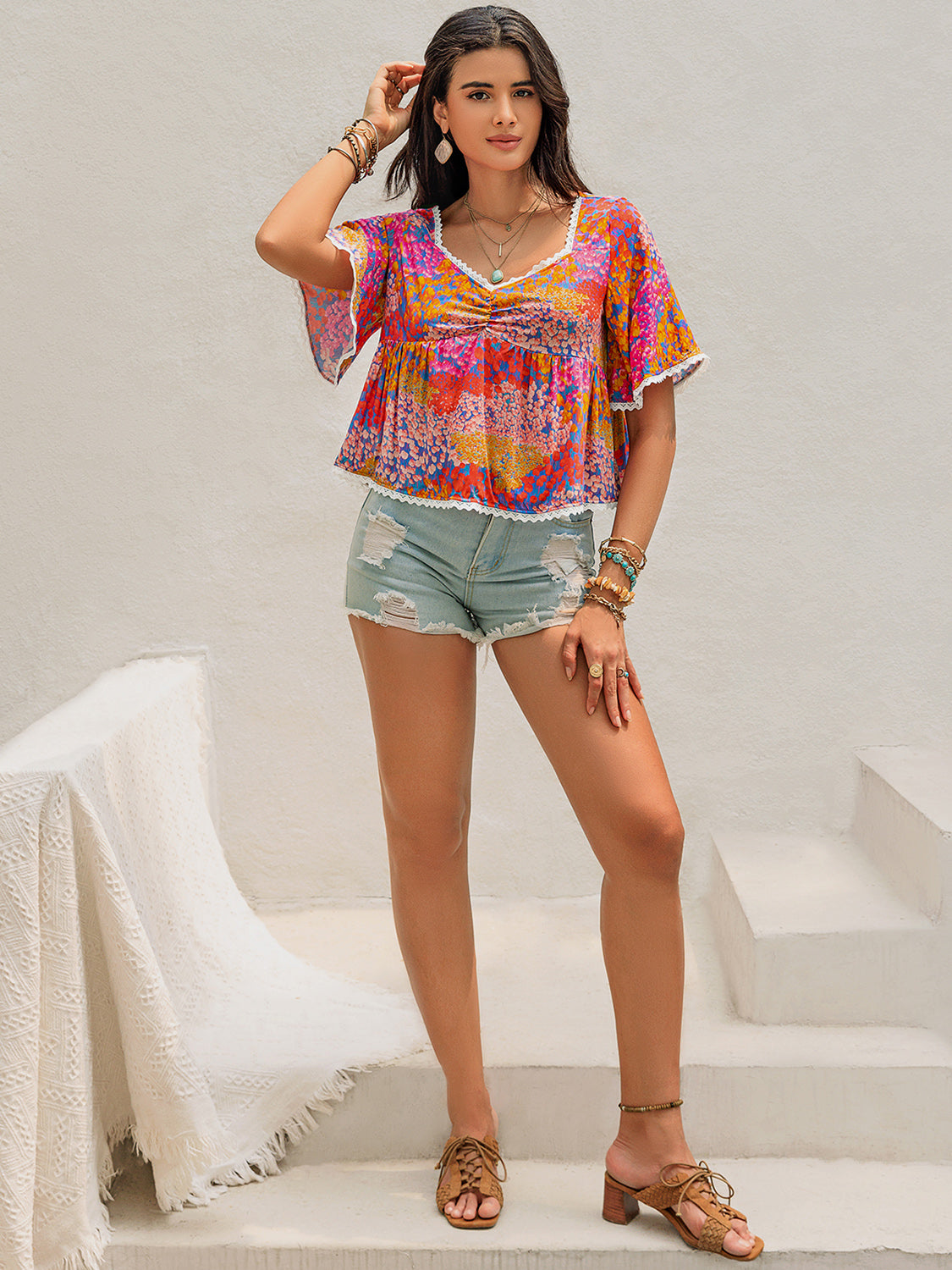 Ruched Printed Half Sleeve Blouse - Charming Charlie