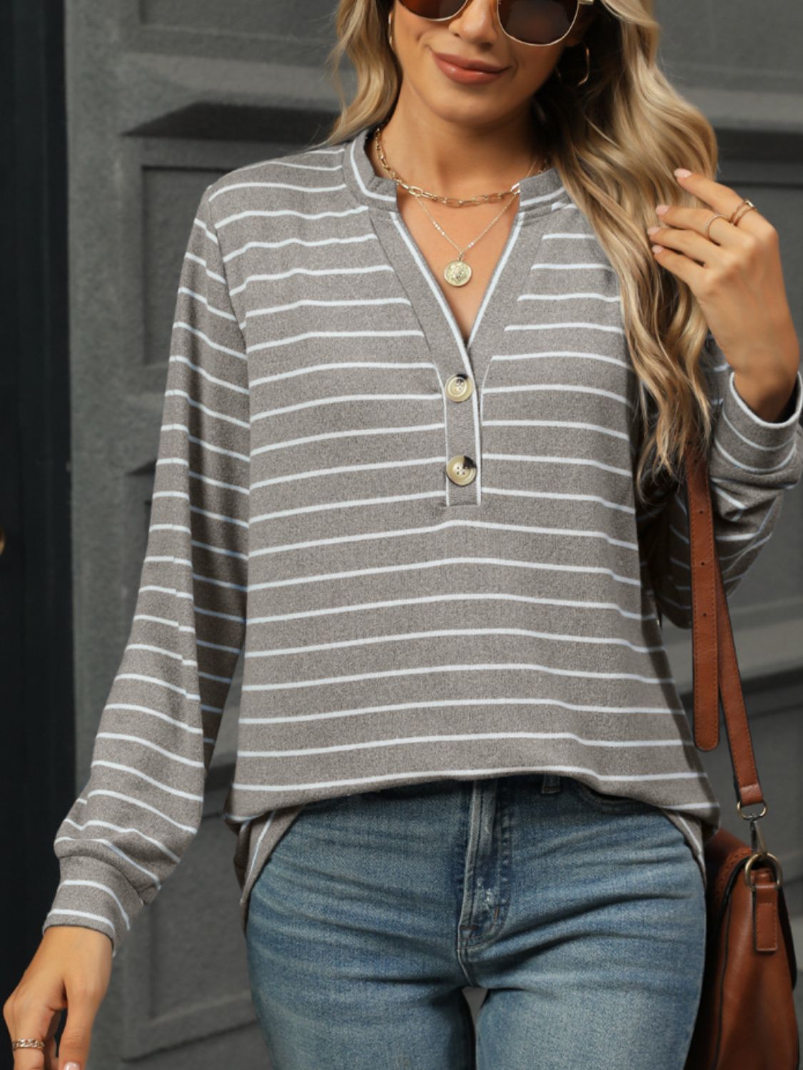Striped Notched Long Sleeve T-Shirt - Charming Charlie