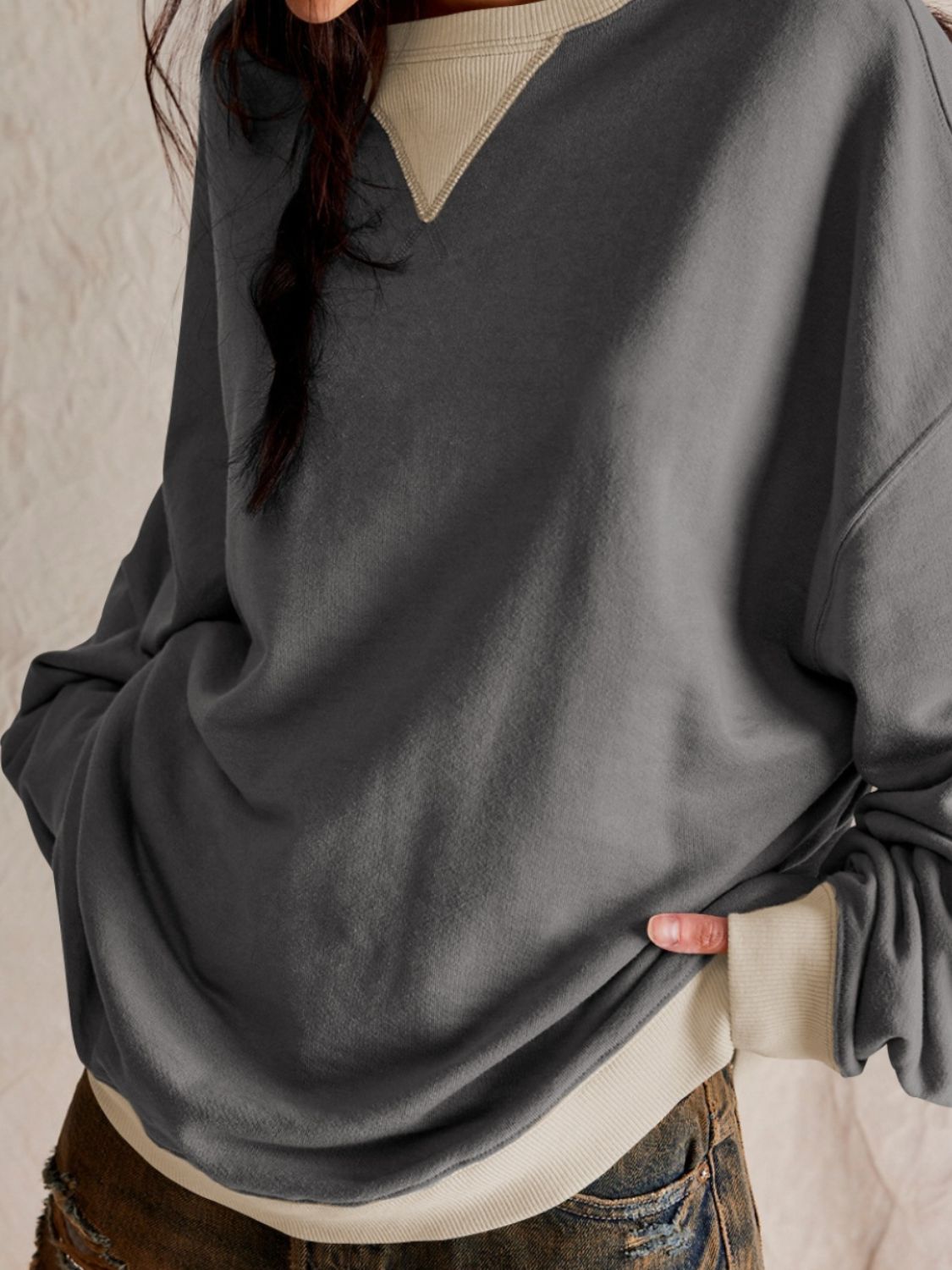 Contrast Dropped Shoulder Long Sleeve Sweatshirt - Charming Charlie