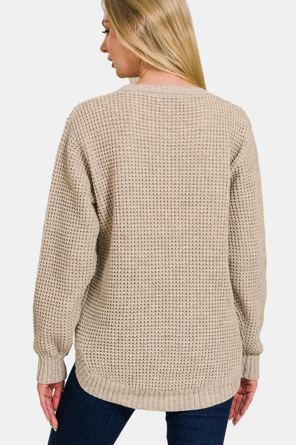 Zenana High Low Long Sleeve Waffle Sweater - Charming Charlie