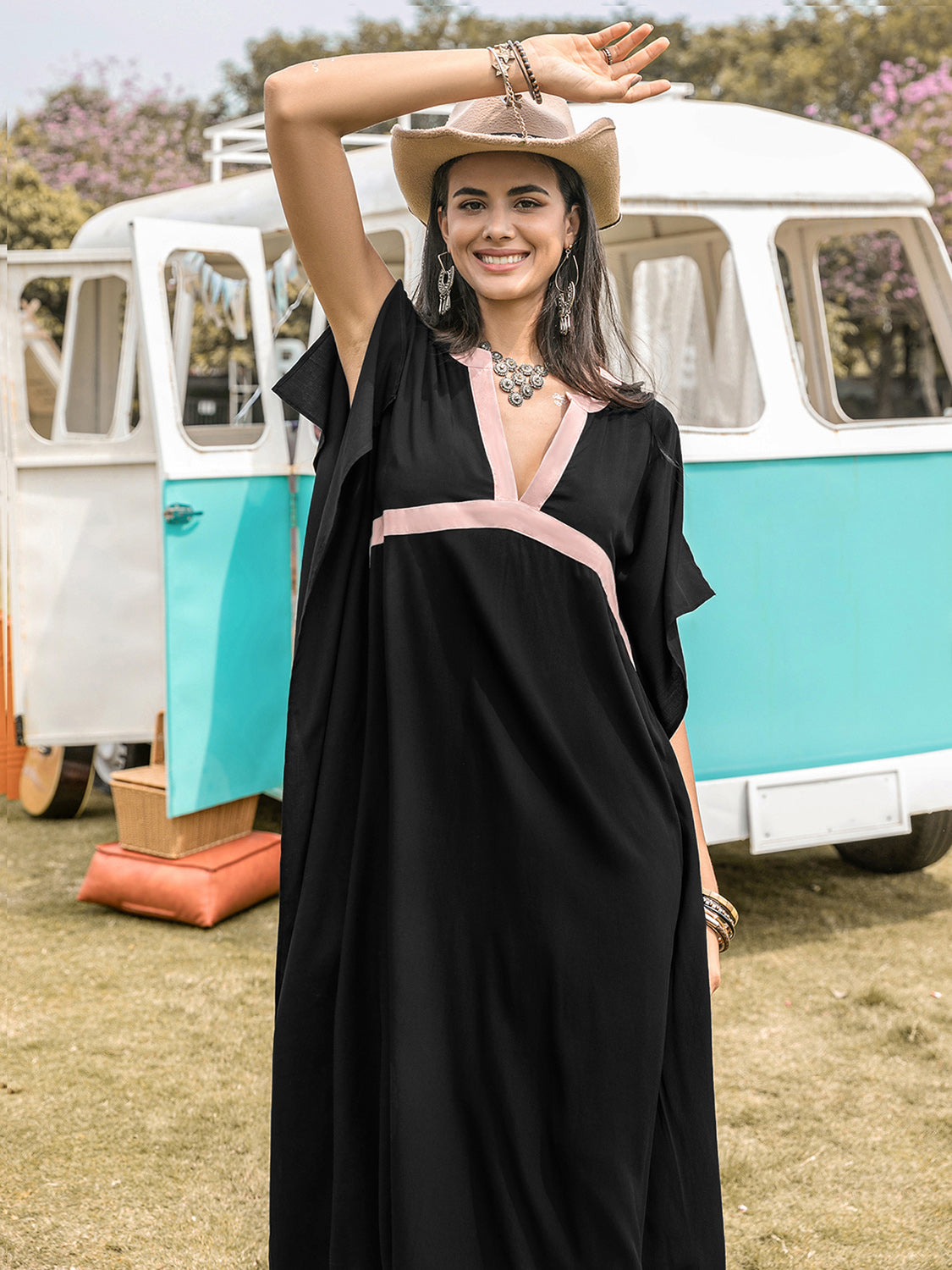 Contrast Trim Notched Slit Short Sleeve Midi Dress - Charming Charlie