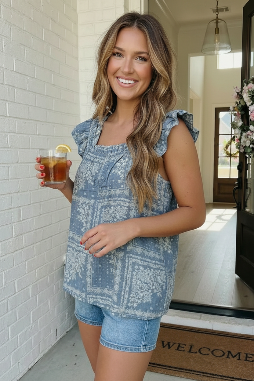 Dusty Blue Bandana Print Ruffle Top - Charming Charlie
