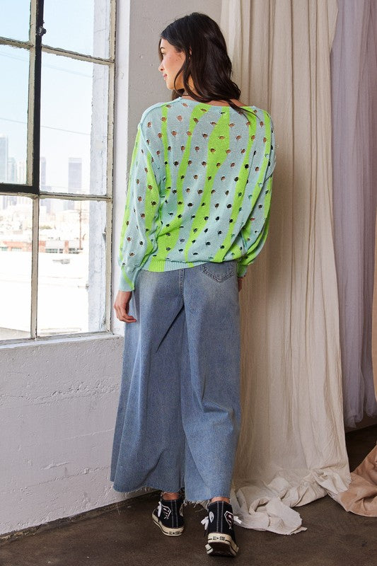Davi & Dani Two-Tone Ribbed Hem Openwork Knit Top - Charming Charlie