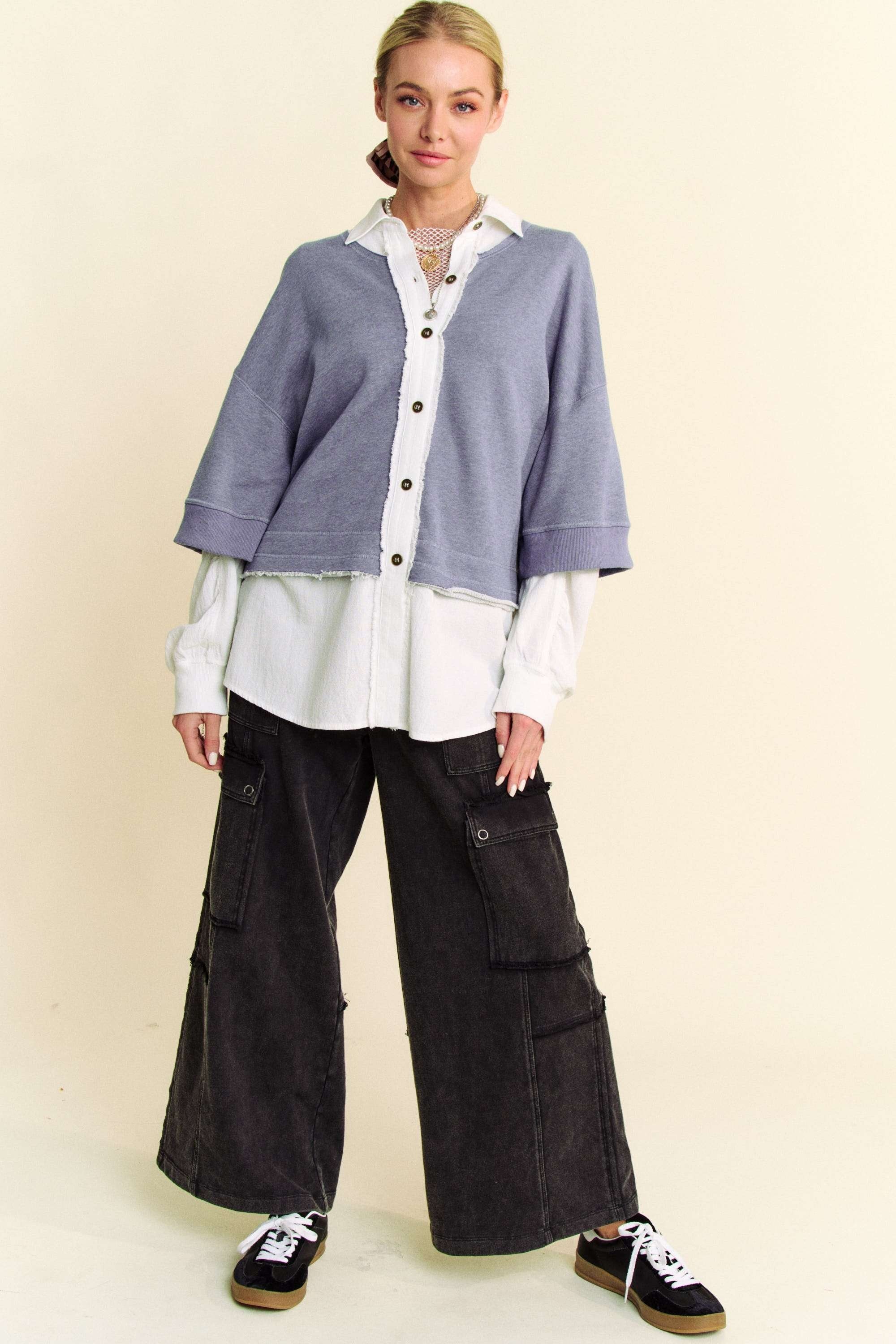 Davi & Dani Faux Layered French Terry Contrast Top - Charming Charlie