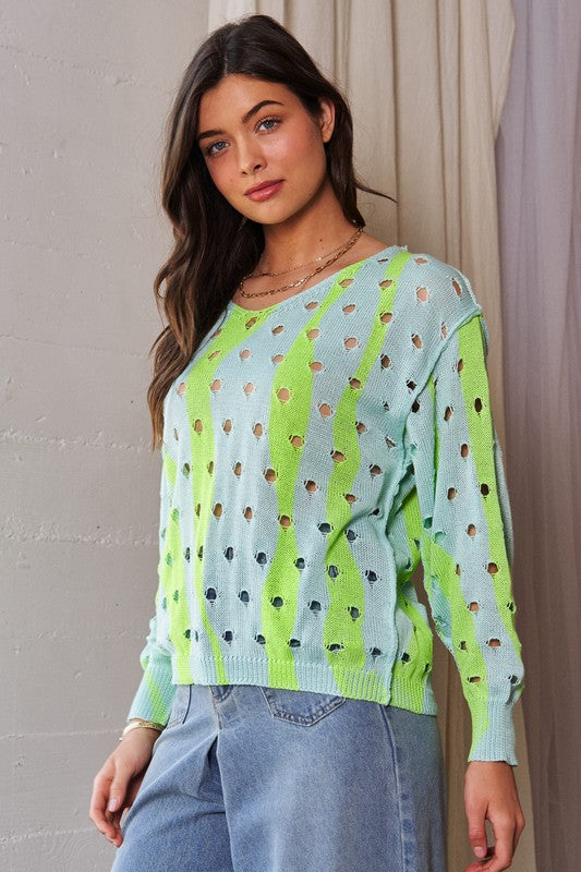 Davi & Dani Two-Tone Ribbed Hem Openwork Knit Top - Charming Charlie