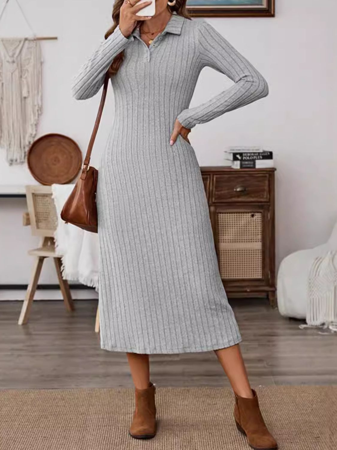 Collared Neck Long Sleeve Midi Dress - Charming Charlie