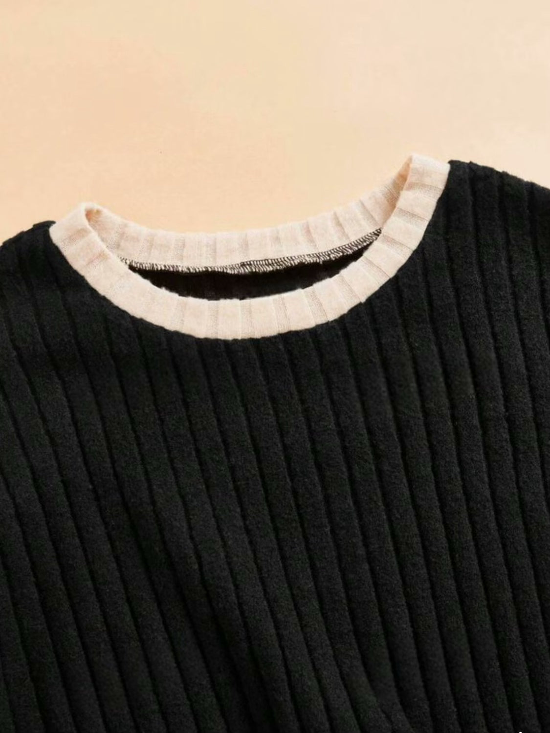 Contrast Round Neck Long Sleeve Top and Bootcut Pants Set - Charming Charlie