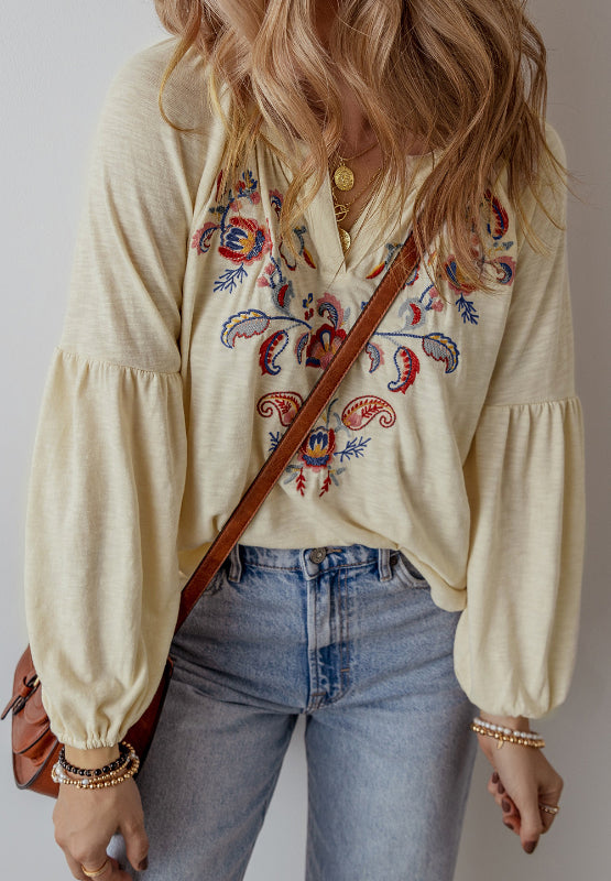 Embroidered Notched Long Sleeve Blouse - Charming Charlie