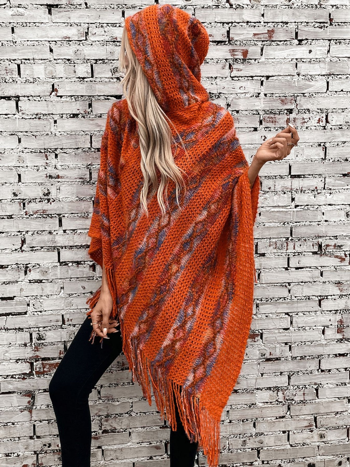 Fringe Contrast Hooded Poncho - Charming Charlie