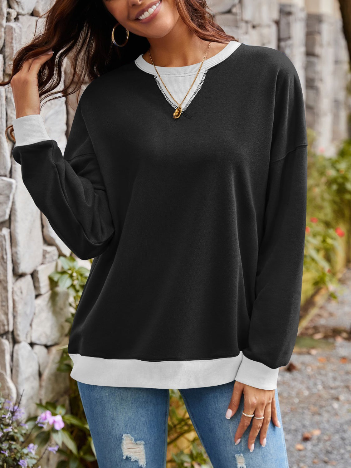 Contrast Round Neck Long Sleeve Sweatshirt - Charming Charlie