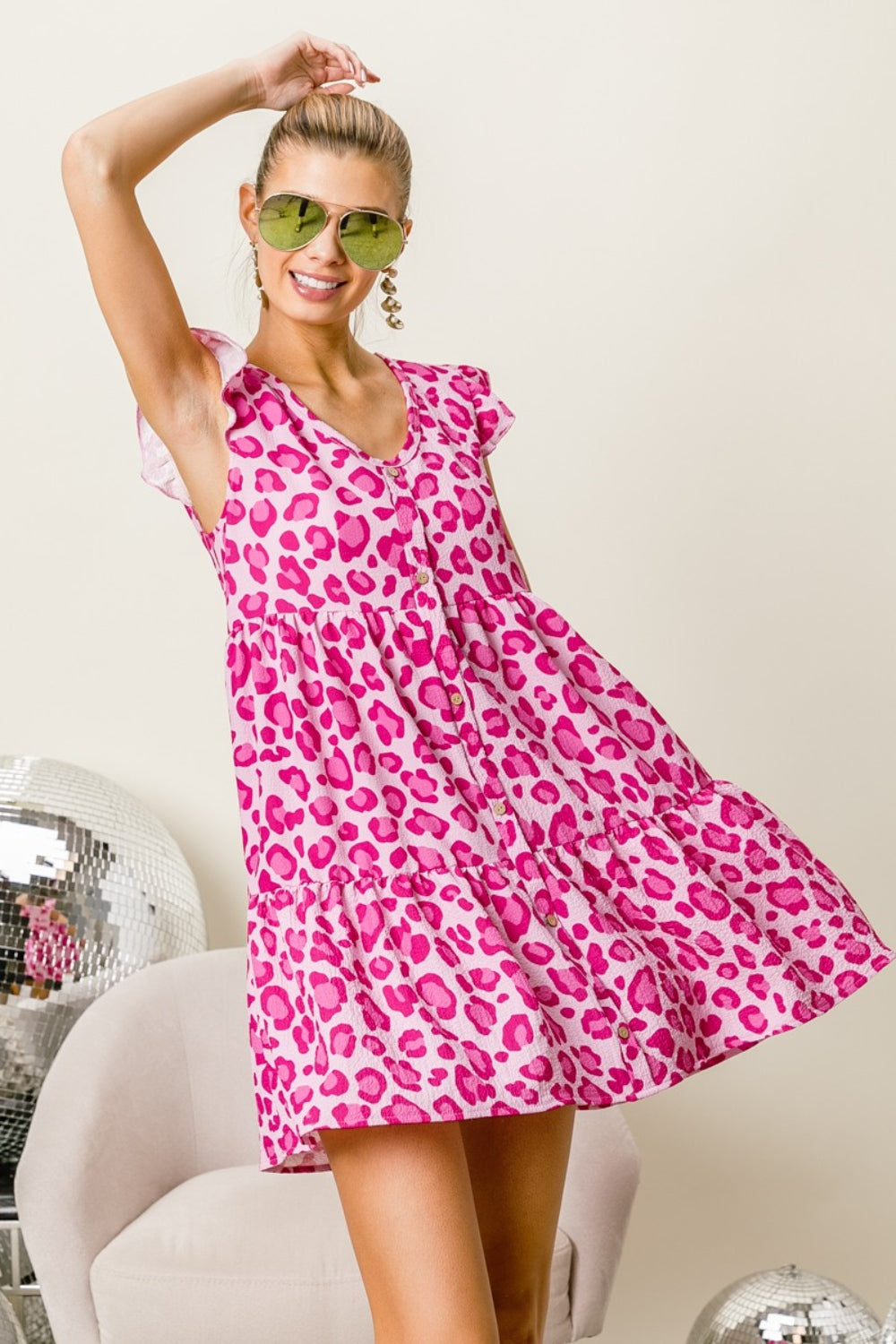 BiBi Leopard Cap Sleeve Tiered Mini Dress - Charming Charlie