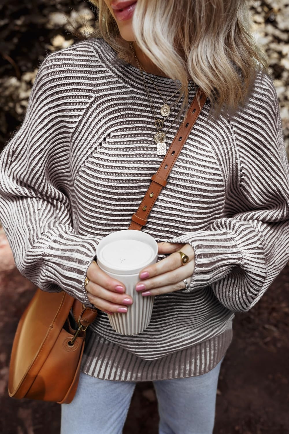 Textured Striped Round Neck Long Sleeve Top - Charming Charlie