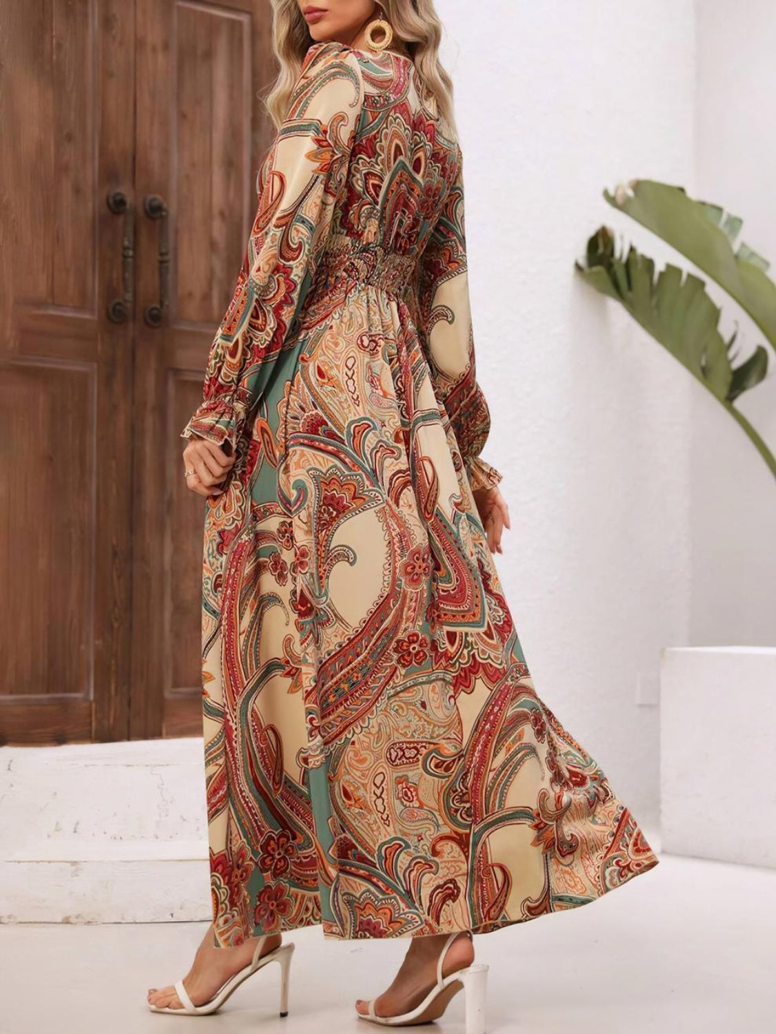Smocked Printed V-Neck Flounce Sleeve Dress - Charming Charlie