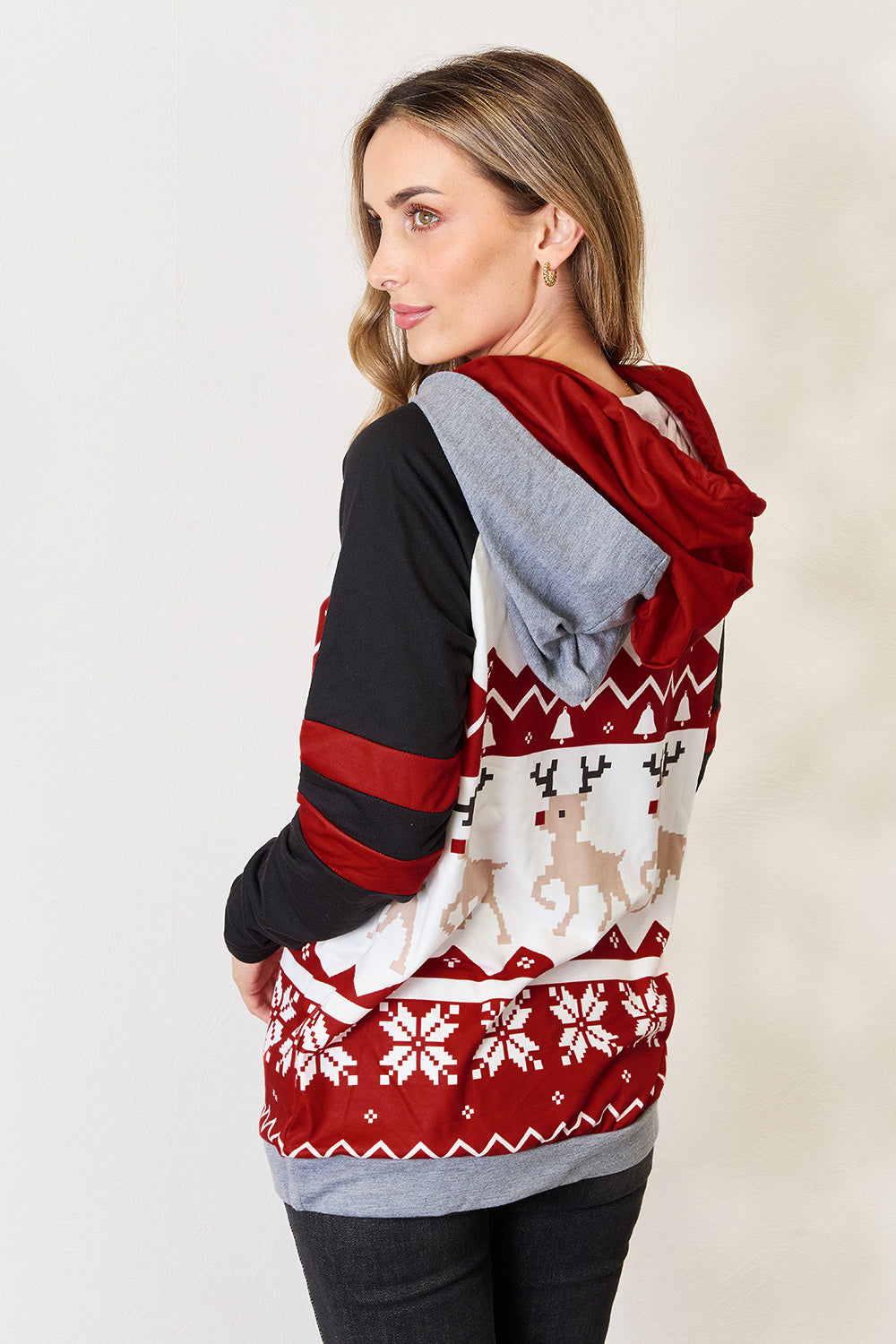 Double Take Full Size Christmas Drawstring Long Sleeve Hoodie - Charming Charlie