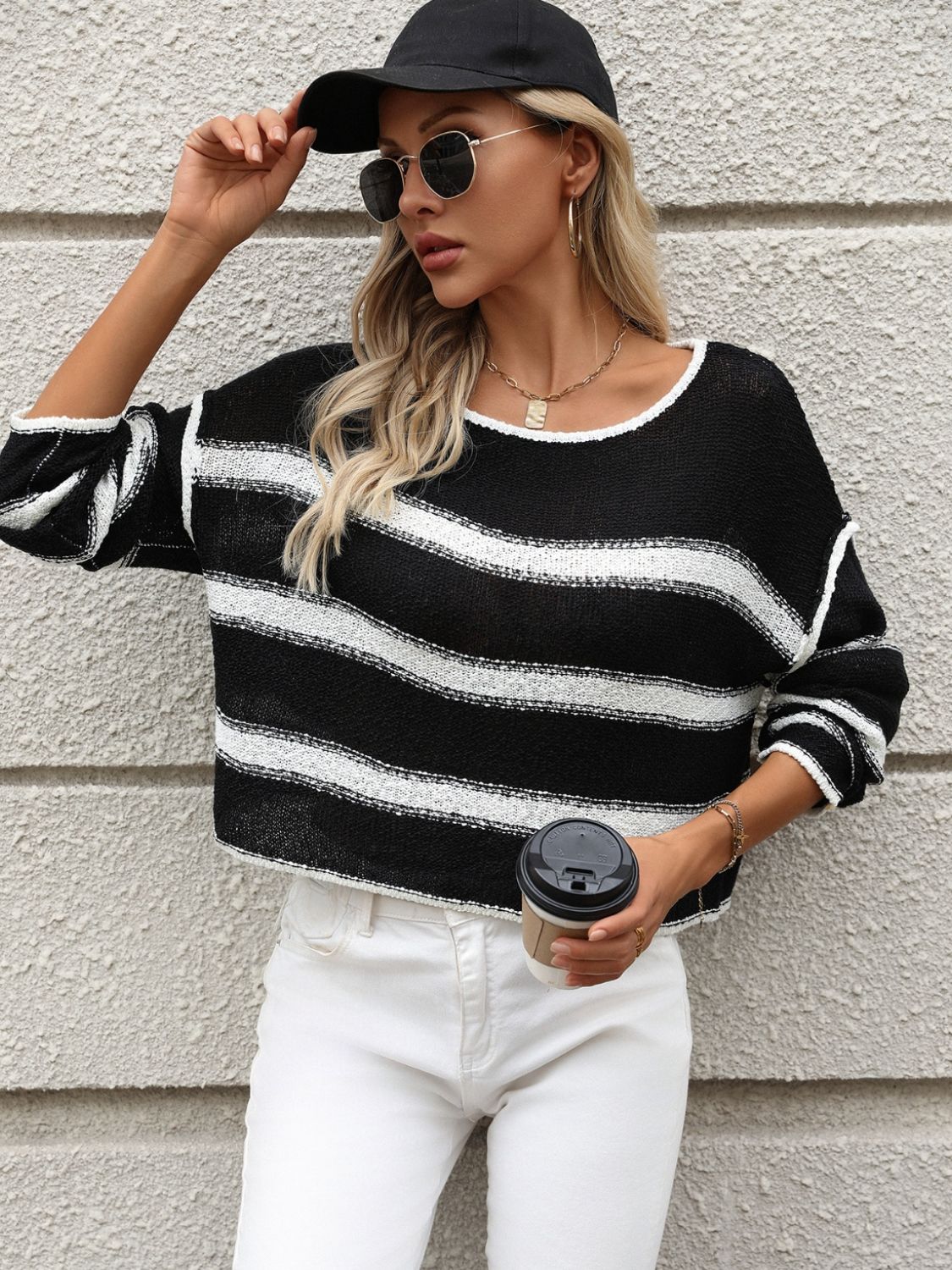 Striped Round Neck Long Sleeve Sweater - Charming Charlie