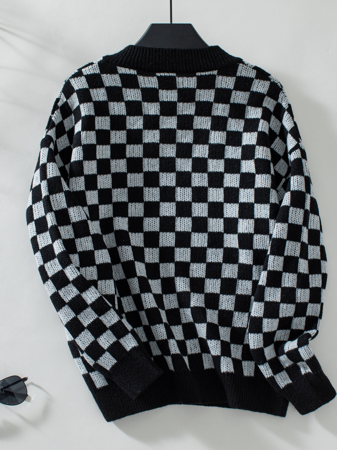 Checkered V-Neck Dropped Shoulder Sweater - Charming Charlie