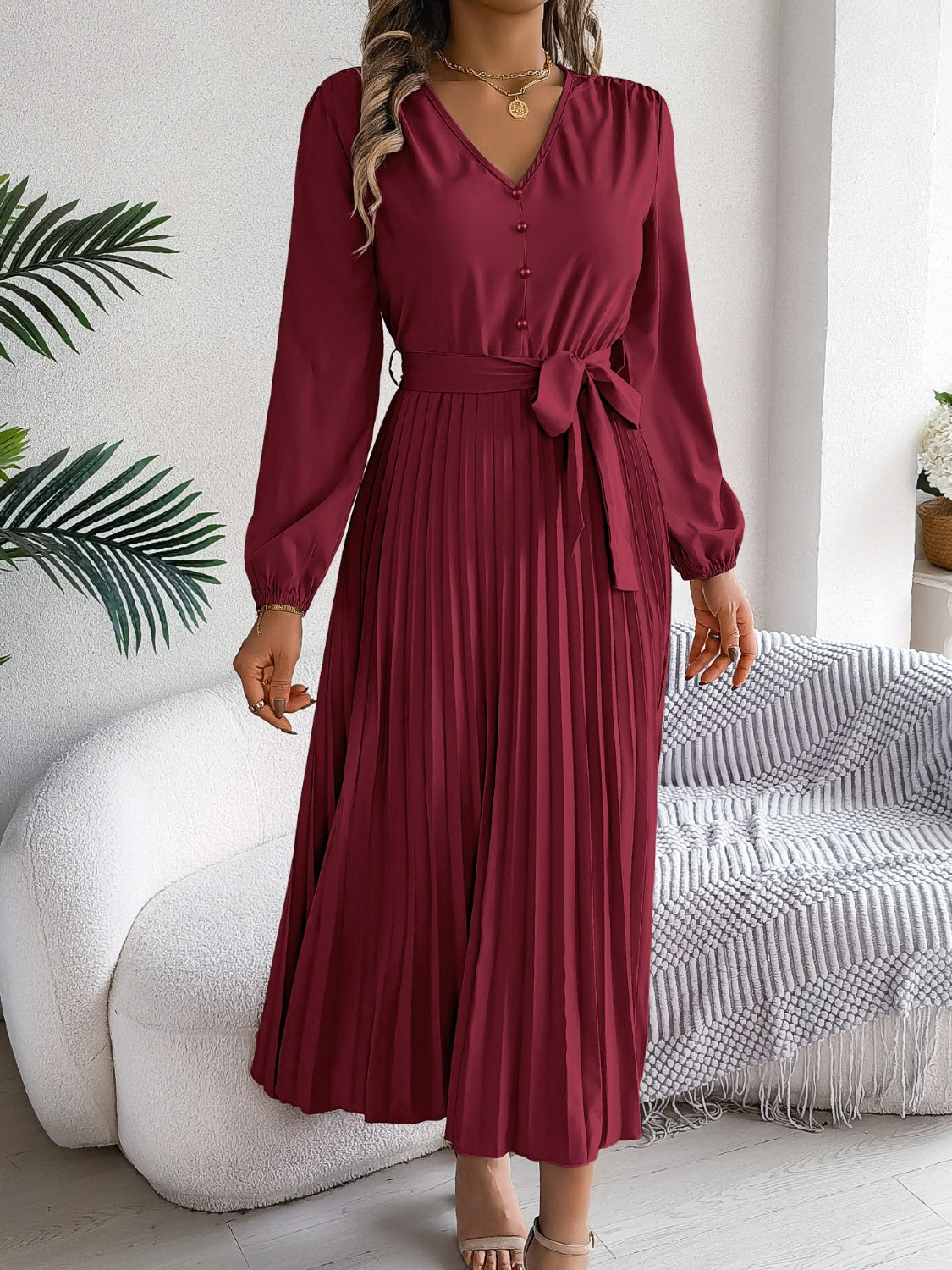 Pleated Tied V-Neck Long Sleeve Dress - Charming Charlie