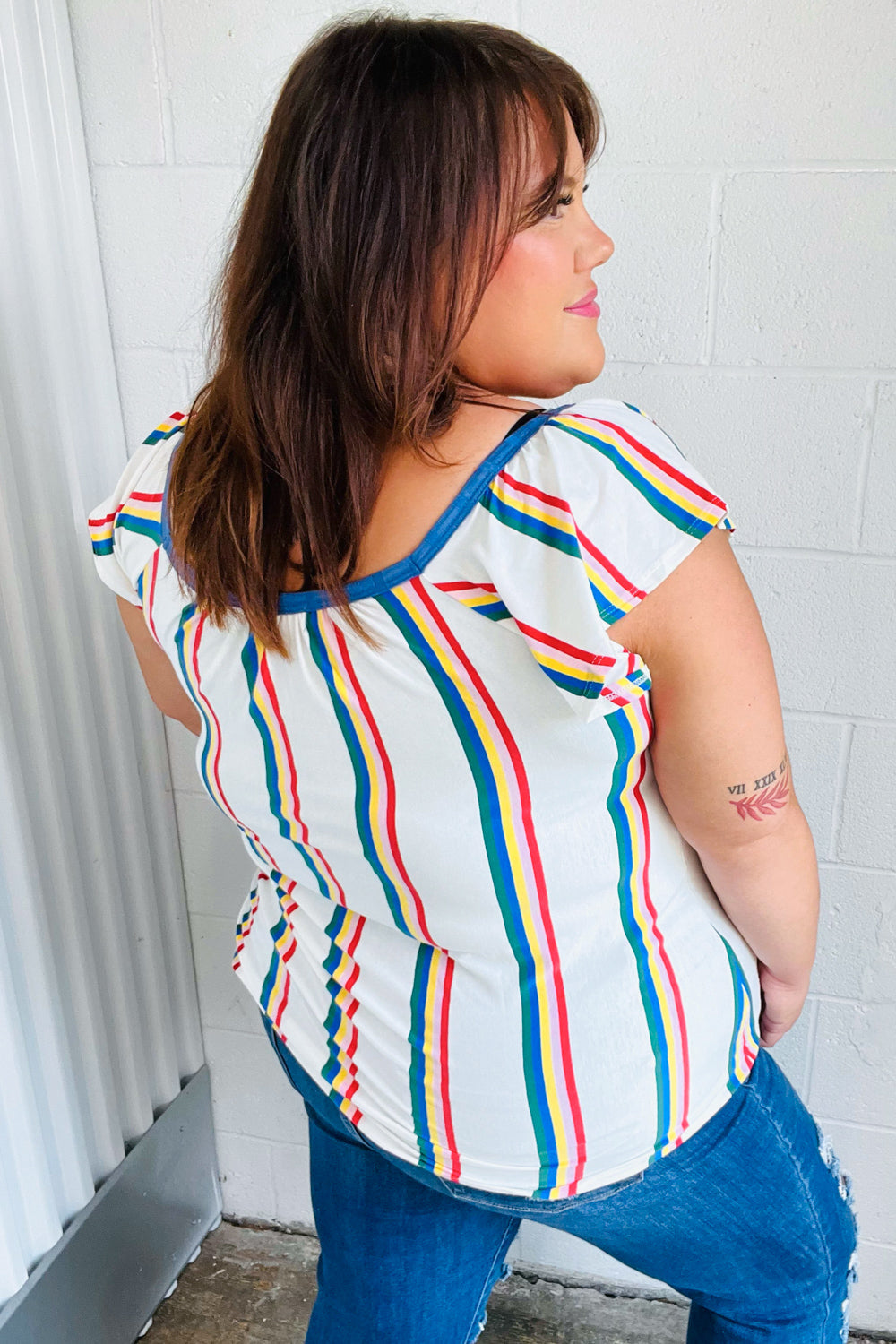 Multicolor Striped Raglan Flutter Sleeve Top - Charming Charlie