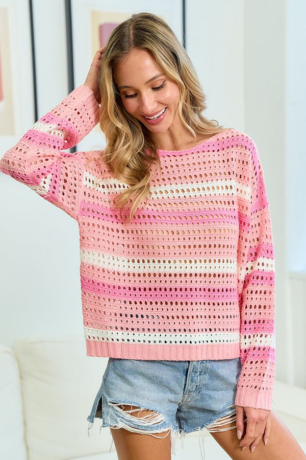 First Love Striped Long Sleeve Openwork Knit Top - Charming Charlie