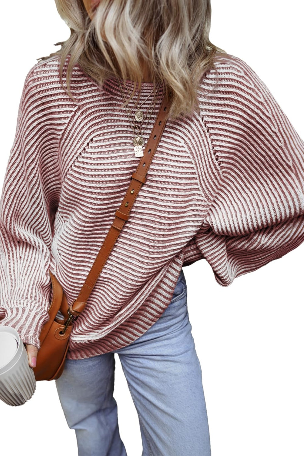 Textured Striped Round Neck Long Sleeve Top - Charming Charlie
