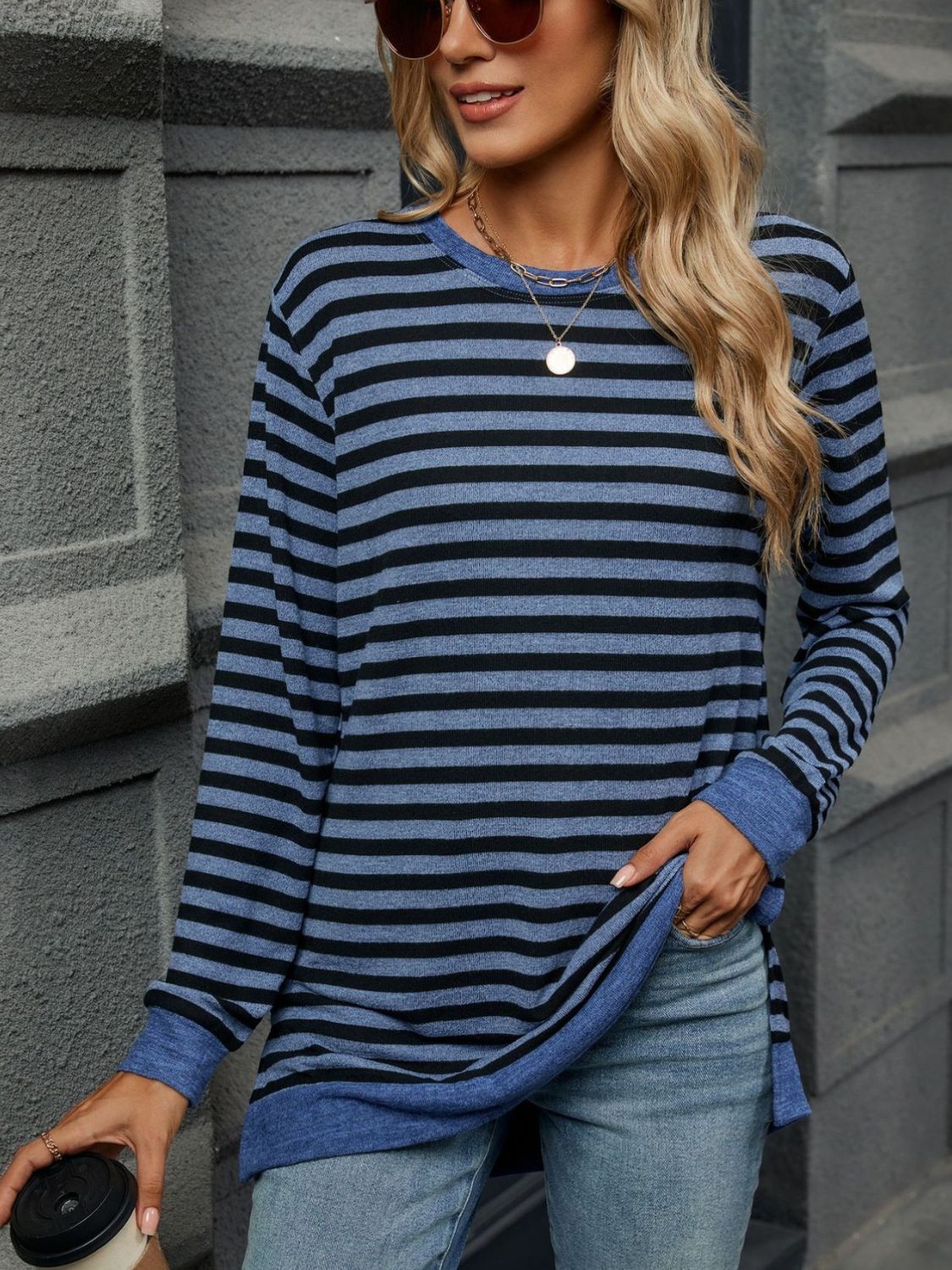 Striped Round Neck Long Sleeve T-Shirt - Charming Charlie