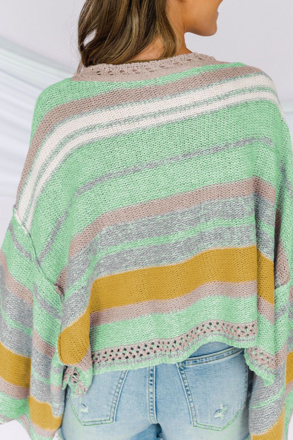 Contrast Striped Boat Neck Dropped Shoulder Sweater - Charming Charlie
