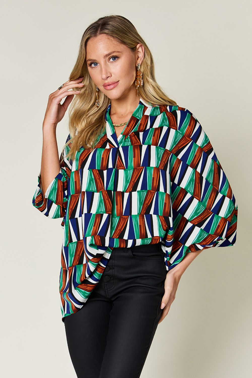 Double Take Full Size Geometric Notched Dolman Sleeve Top - Charming Charlie