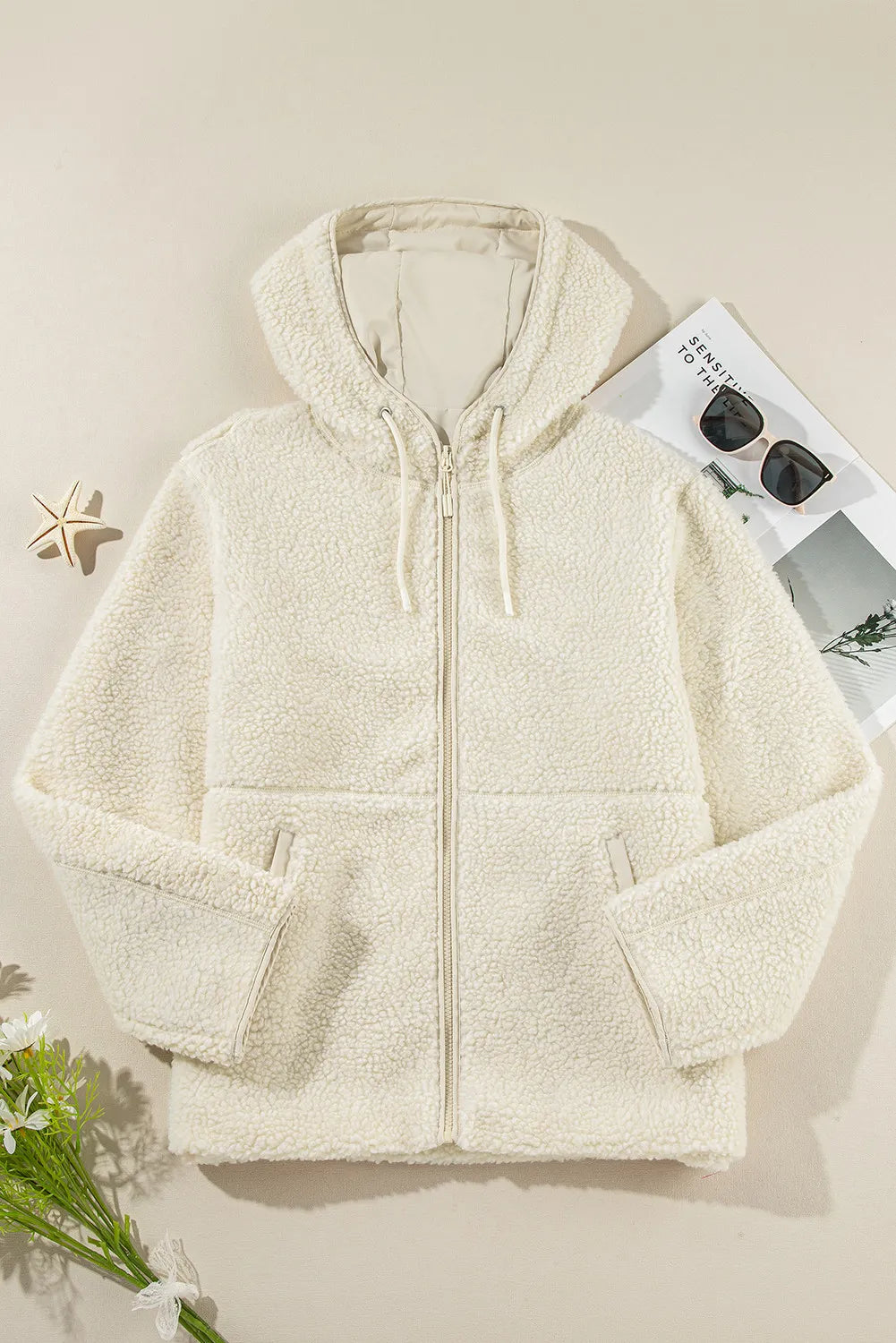 Drawstring Zip Up Long Sleeve Hooded Jacket - Charming Charlie