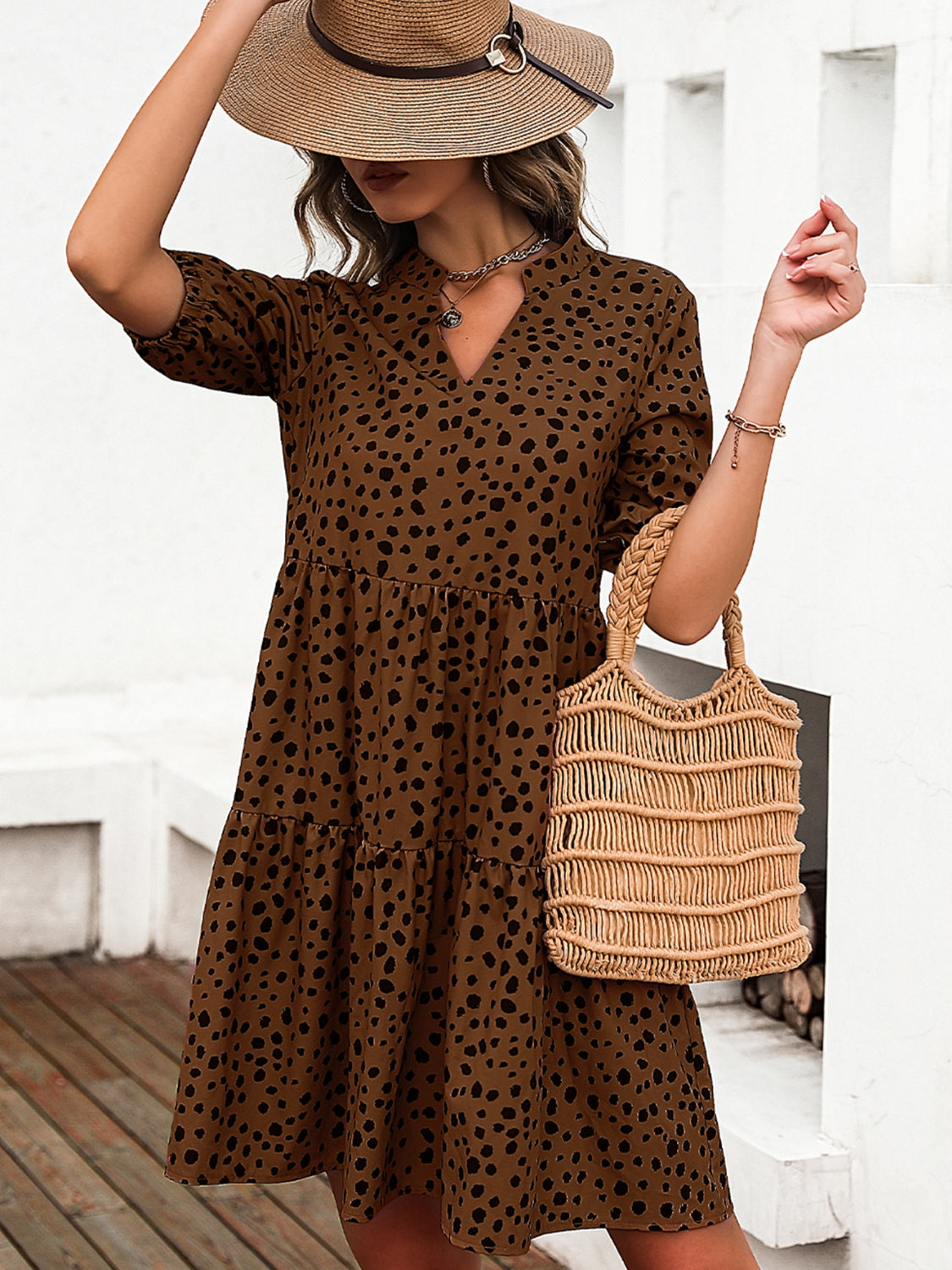 Printed Notched Half Sleeve Dress - Charming Charlie