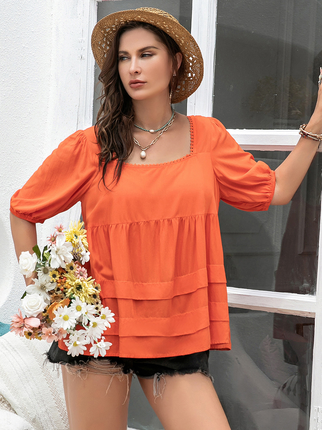 Plus Size Square Neck Half Sleeve Blouse - Charming Charlie