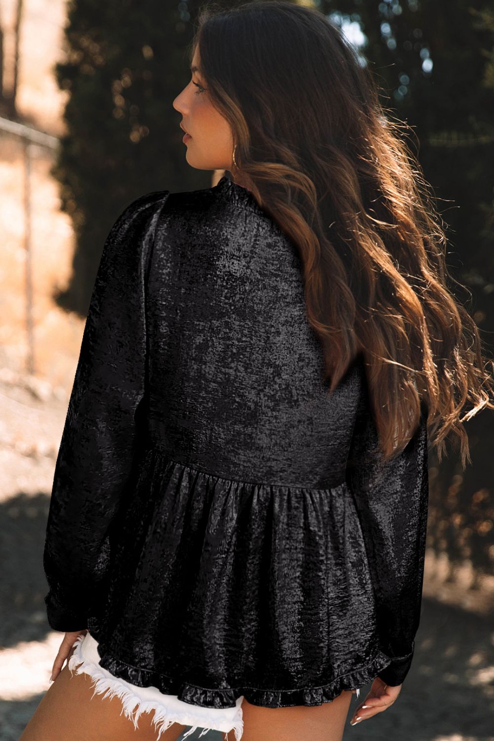 Frill Peplum V-Neck Long Sleeve Blouse - Charming Charlie