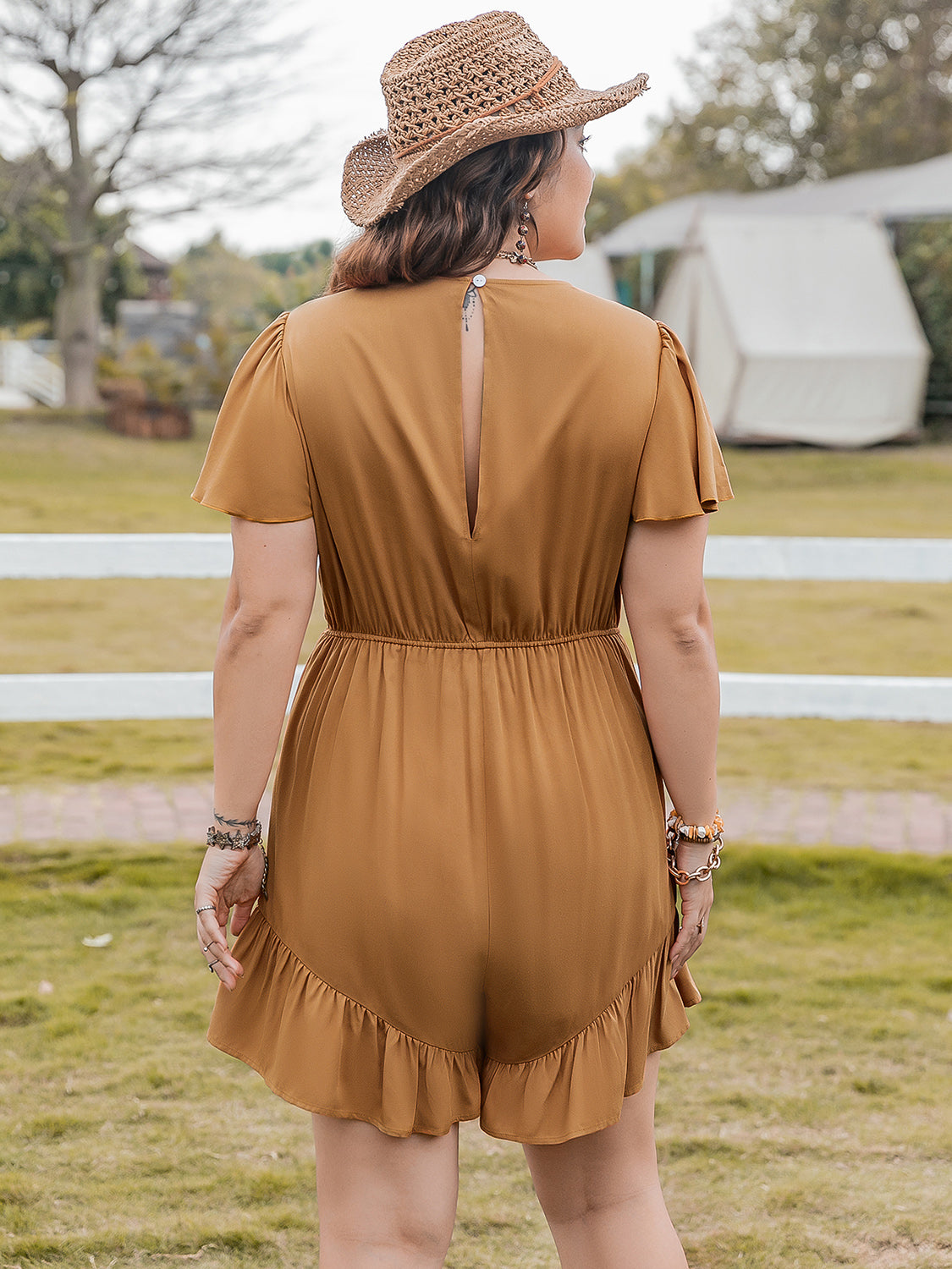 Plus Size Ruffled V-Neck Short Sleeve Romper - Charming Charlie
