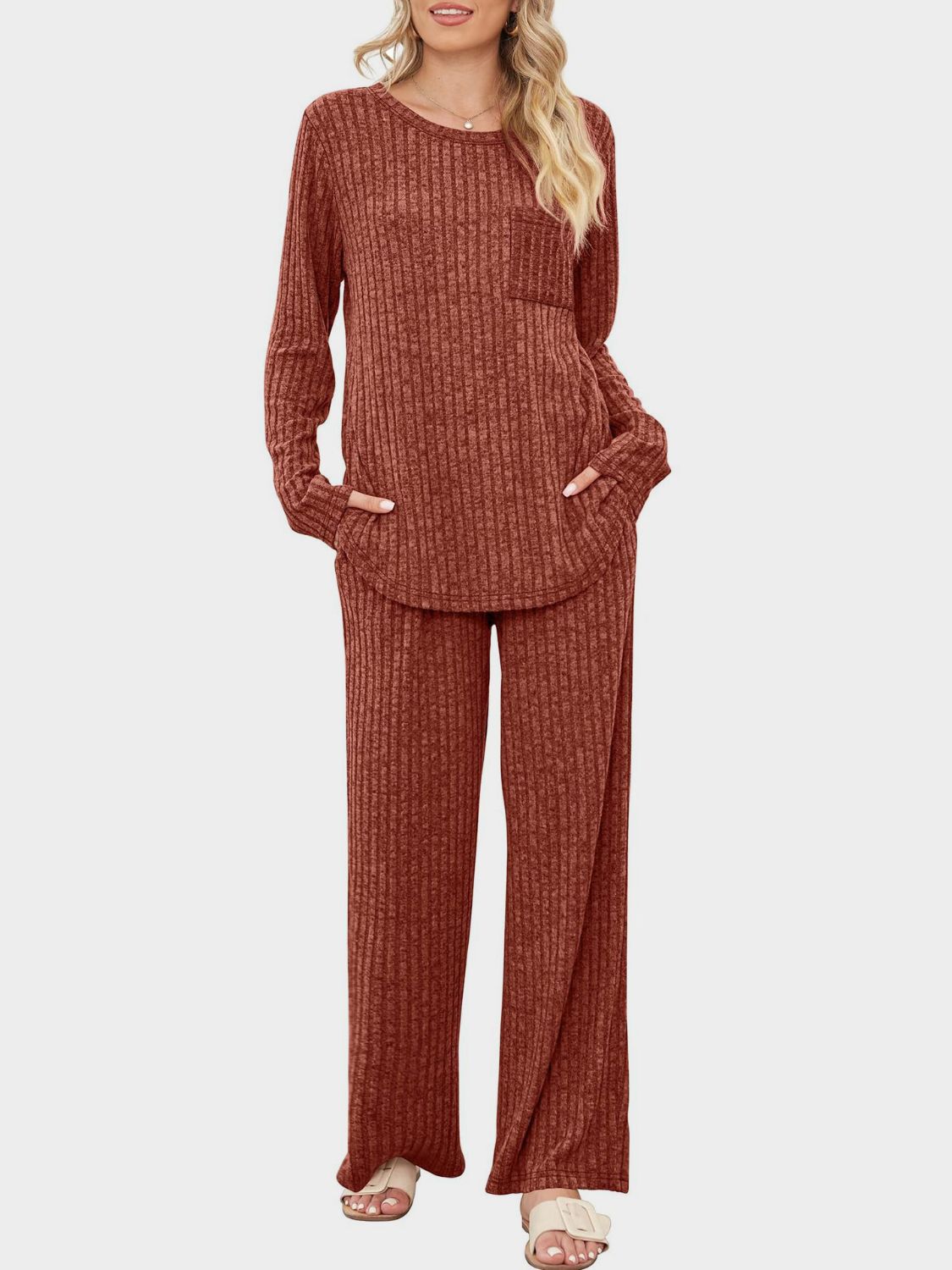 Round Neck Long Sleeve Top and Pants Set - Charming Charlie