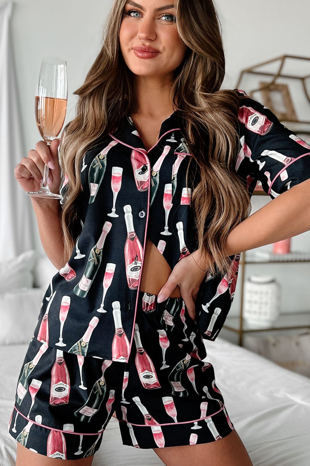 Champagne Print Short Sleeve Top and Shorts Set - Charming Charlie