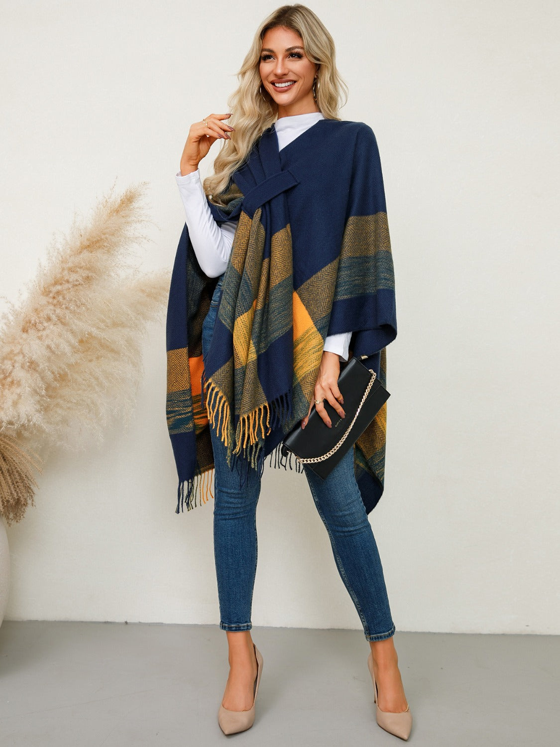 Fringe Contrast Plaid Poncho - Charming Charlie