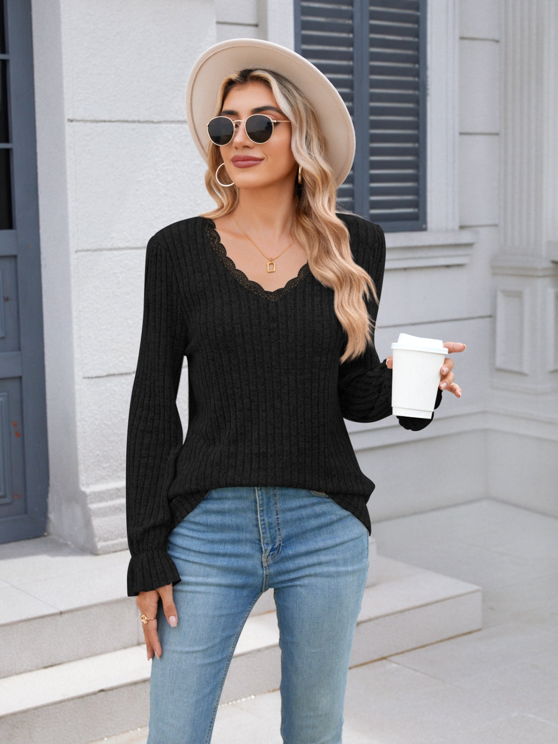 Lace Detail V-Neck Long Sleeve T-Shirt - Charming Charlie